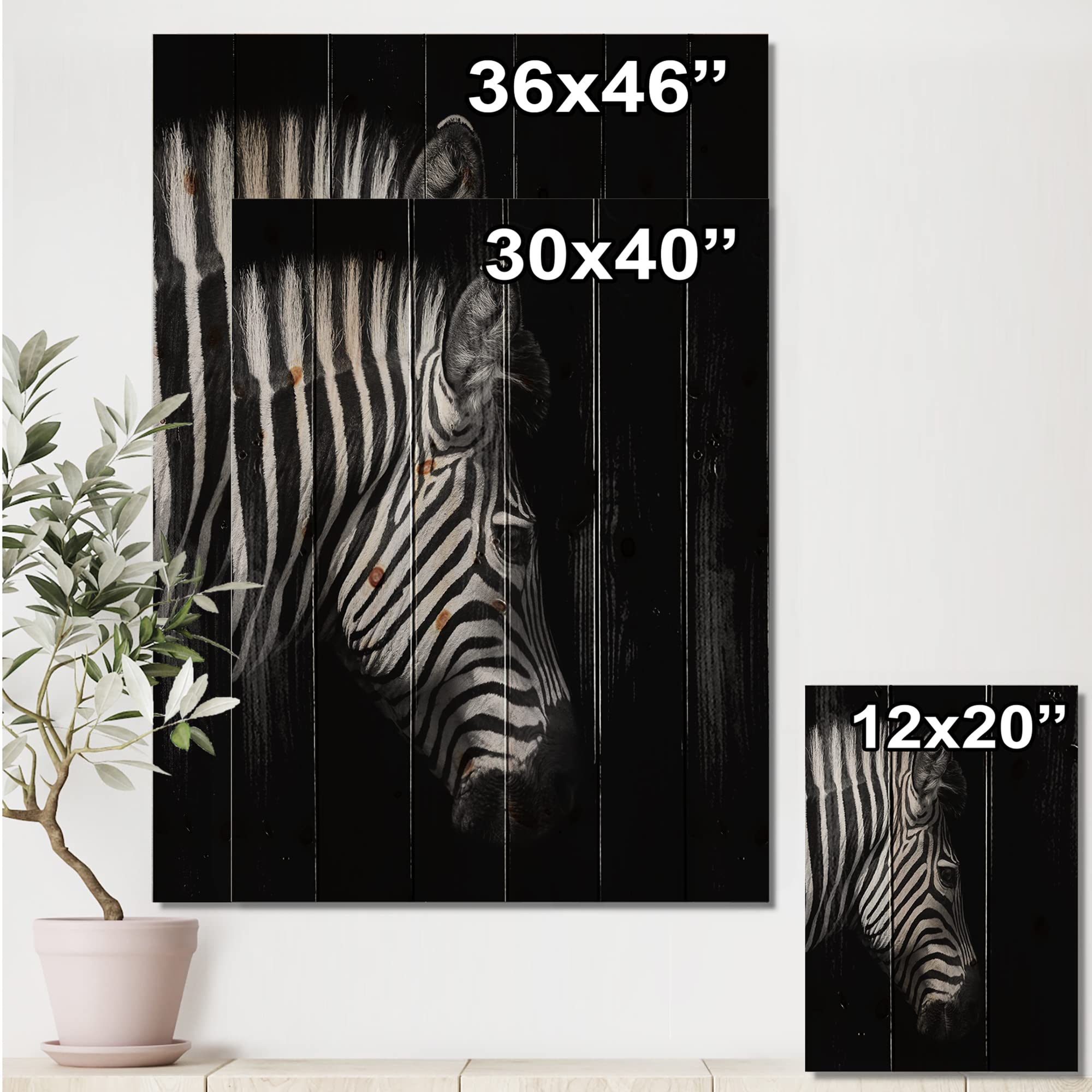 DesignQ Monochrome Zebra Head Wall Art - Farmhouse Wood Decor, Black Animal Print on Natural Pine Wood Panel - Perfect for Living Room, Bedroom & Office Wall Decor