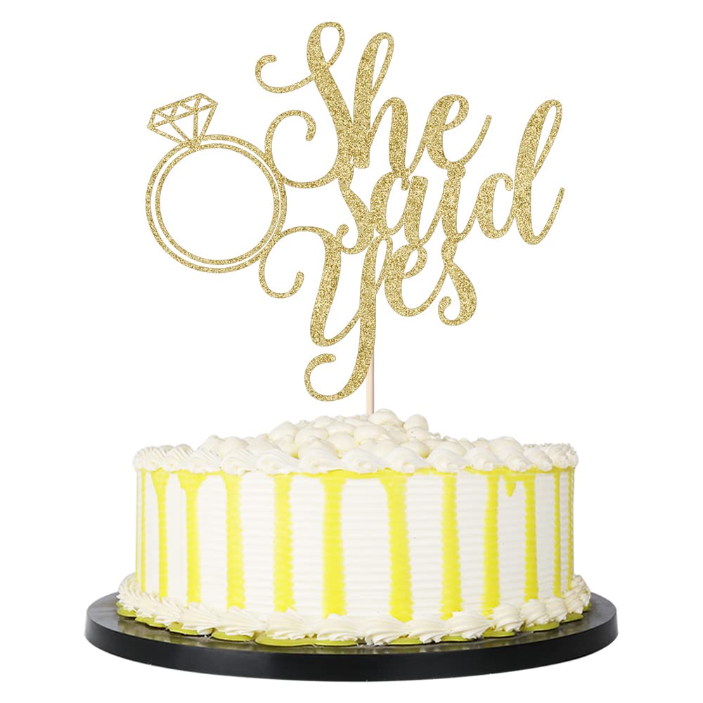 PALASASA He Asks She Said Yes Cake Topper - Gold Glitter Wedding Cake Decor for Engagement, Bachelorette Party & Pregnancy Announcement | Funny Romantic Celebration Decoration