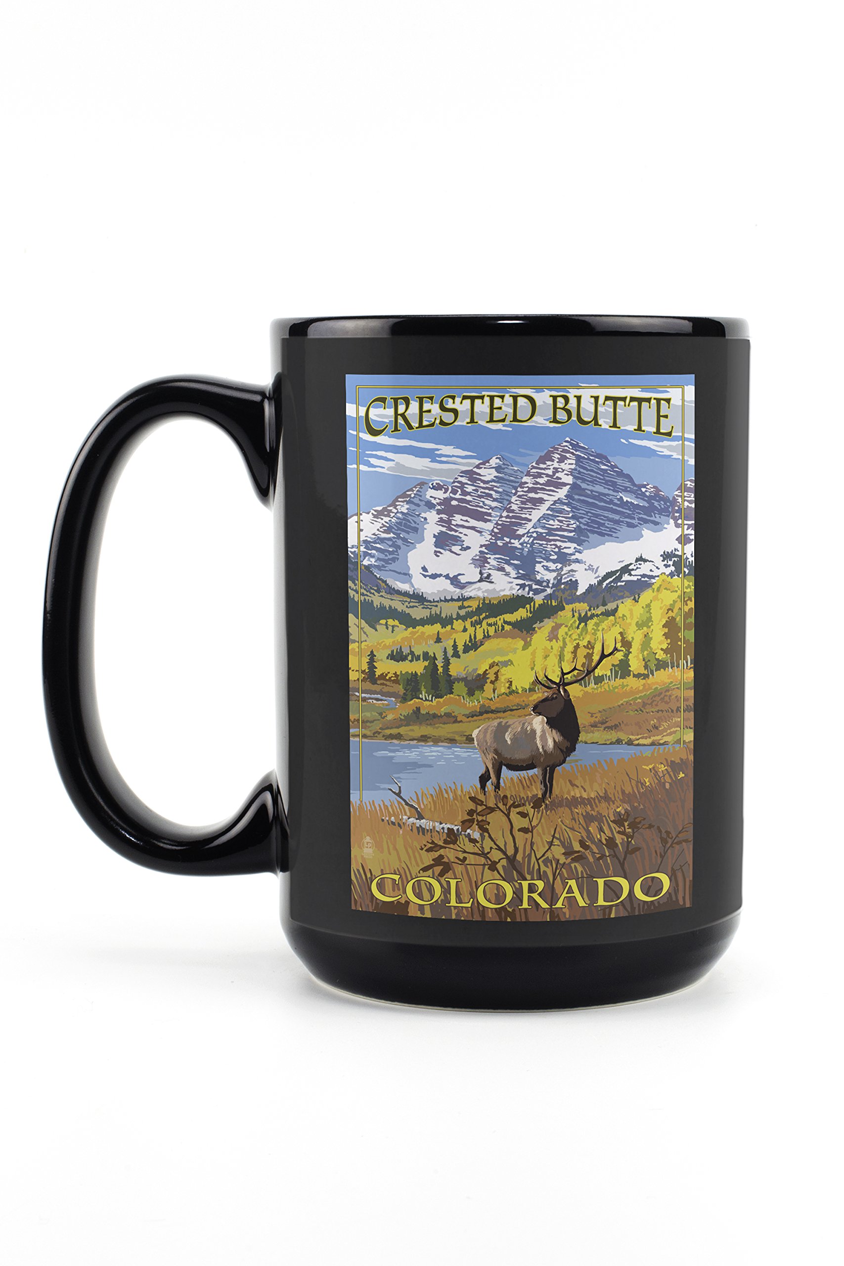Lantern Press Crested Butte Colorado Maroon Bells and Elk 15oz Black Ceramic Coffee Mug - Microwave & Dishwasher Safe - Perfect for Home, Office, Camping & Gifts