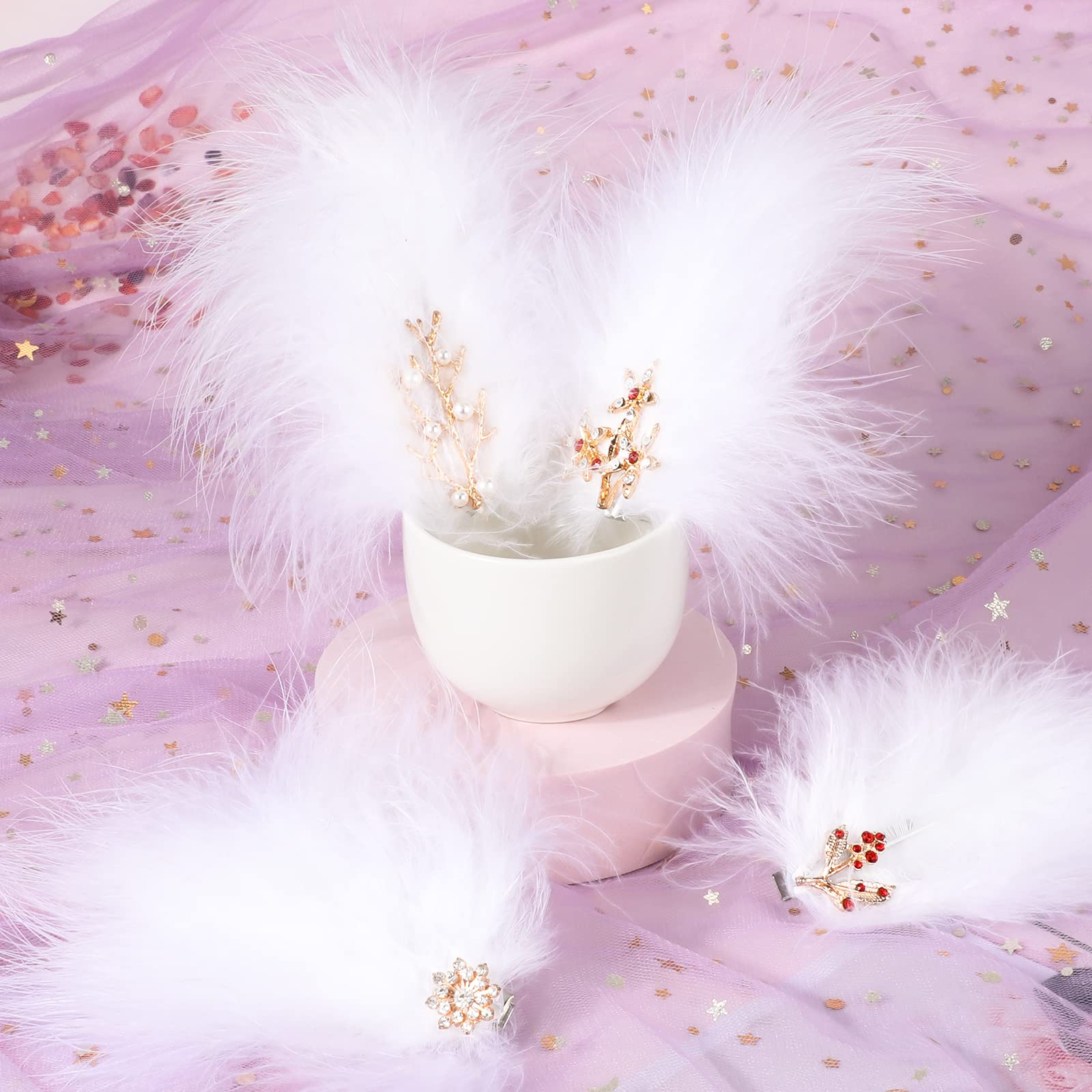 MWOOT 4Pcs White Feather Fascinators Hair Clips - Handmade Rhinestone Hair Accessories for Women & Girls | Wedding, Prom, Party, Cosplay Hairpins & Barrettes