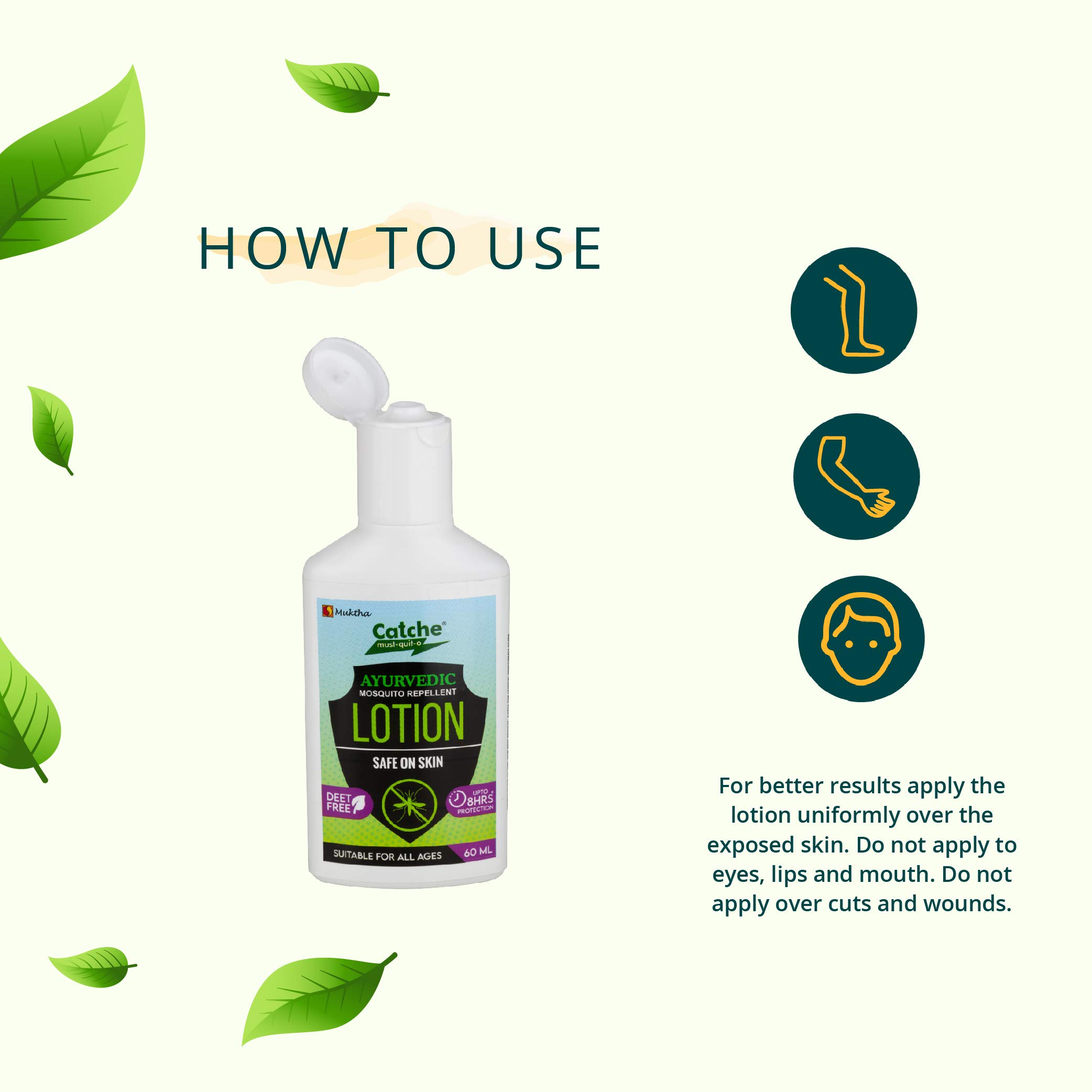 Catche Ayurvedic Mosquito Repellent Lotion - 60ml (Pack of 3) | Natural Herbal Mosquito Repellent for Kids & Adults | DEET-Free, AYUSH Certified | Safe for Skin & Face Protection | Perfect for Outdoor Camping, Hiking & Travel