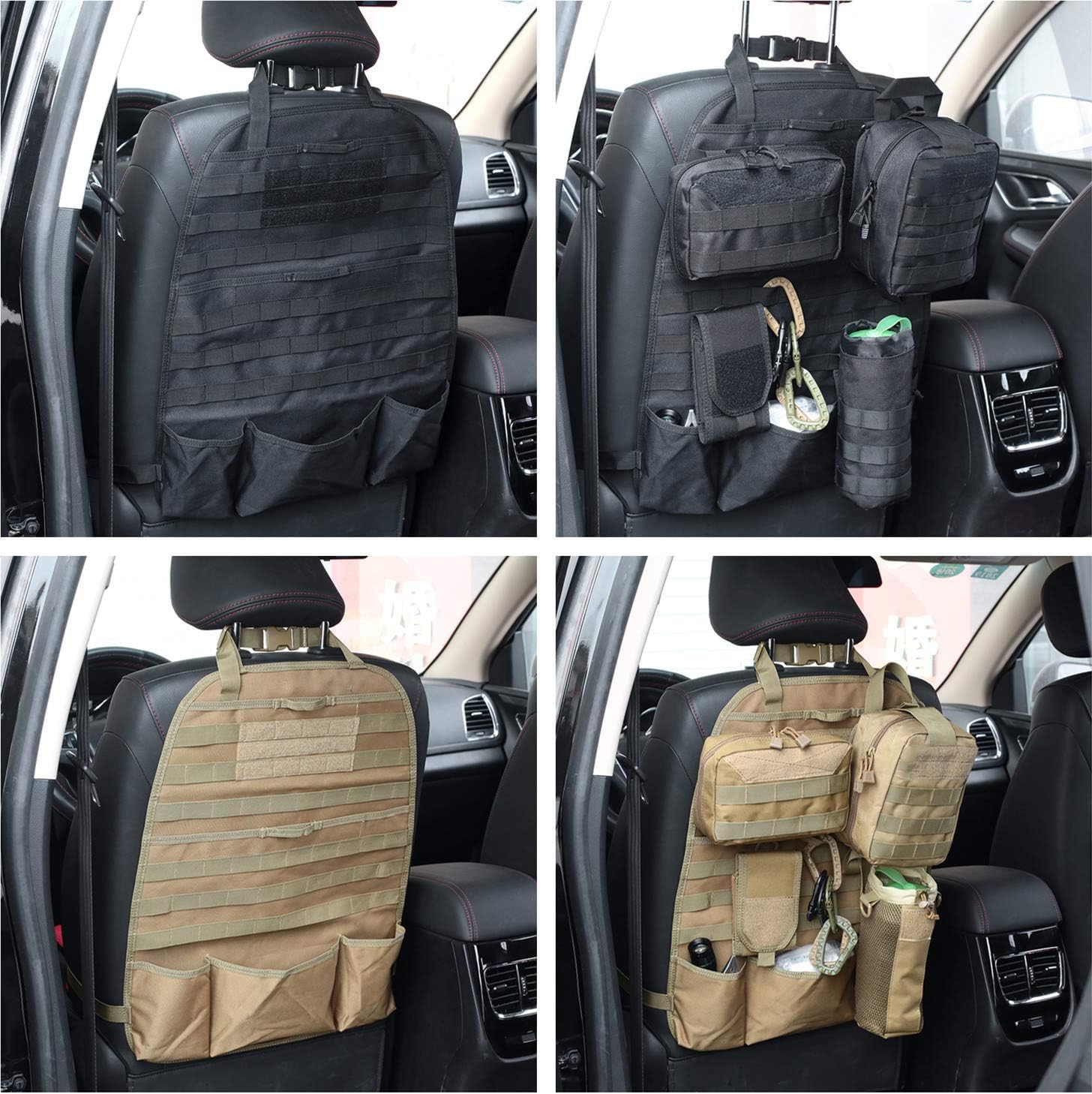 Tactical Car Seat Back Organizer - Universal Fit Molle Vehicle Panel with Extra USA Flag Patch, 2 Pack Coyote Brown - Perfect for Road Trips, Camping & Outdoor Adventures