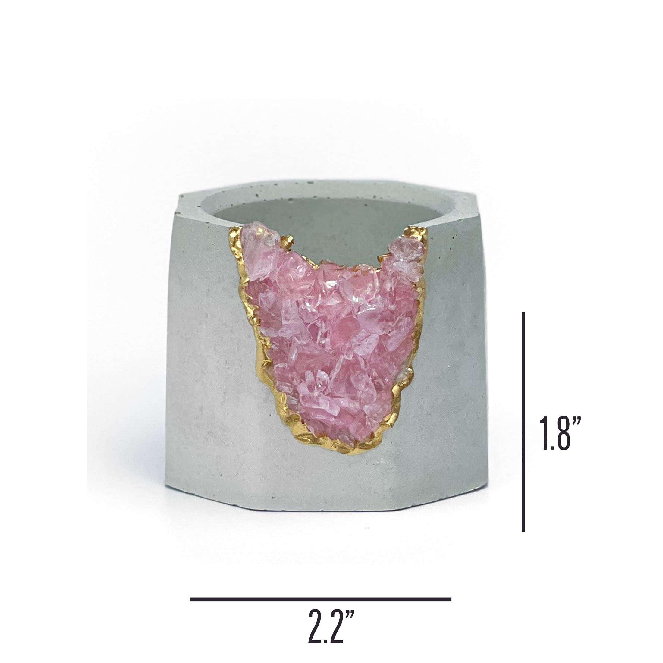 Geode Planter with Raw Rose Quartz Crystal - Mini Succulent & Air Plant Holder - Concrete Candle Pot for Home Decor, Office Desk & Healing Crystal Display