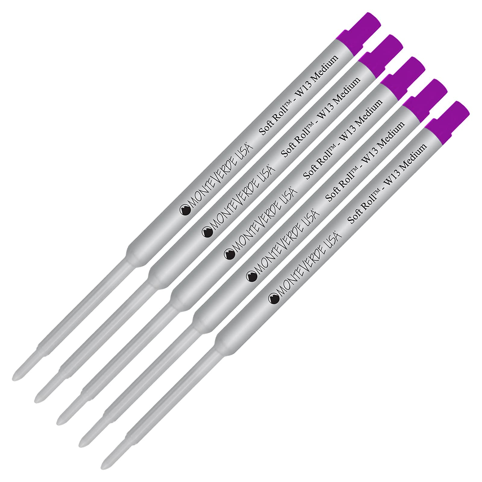 Monteverde Soft Roll Ballpoint Ink Refills 5-Pack - W13 Paste Ink Refill Compatible with Waterman Style Pens - Purple Medium Tip 0.7mm - Perfect for Office, School & Everyday Writing