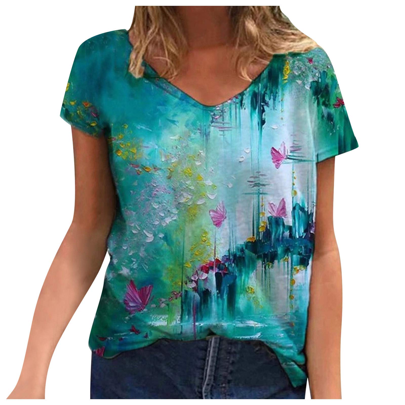 Women's Short Sleeve V-Neck Graphic T-Shirt - Soft Casual Summer Tunic Blouse Top | Perfect for Everyday Wear, Beach Outings & Weekend Relaxation