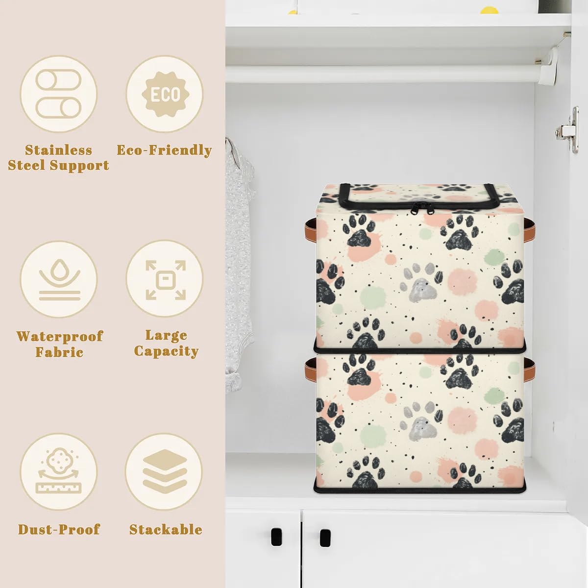 Pet Dog Storage Bins with Zipper Lid & Handle - 14.2 x 10.2 x 10 Inch Foldable Stackable Collapsible Storage Baskets - 2-Pack Closet Organizer for Pet Supplies, Toys & Home Organization | Perfect for Bedroom, Closet & Laundry Room