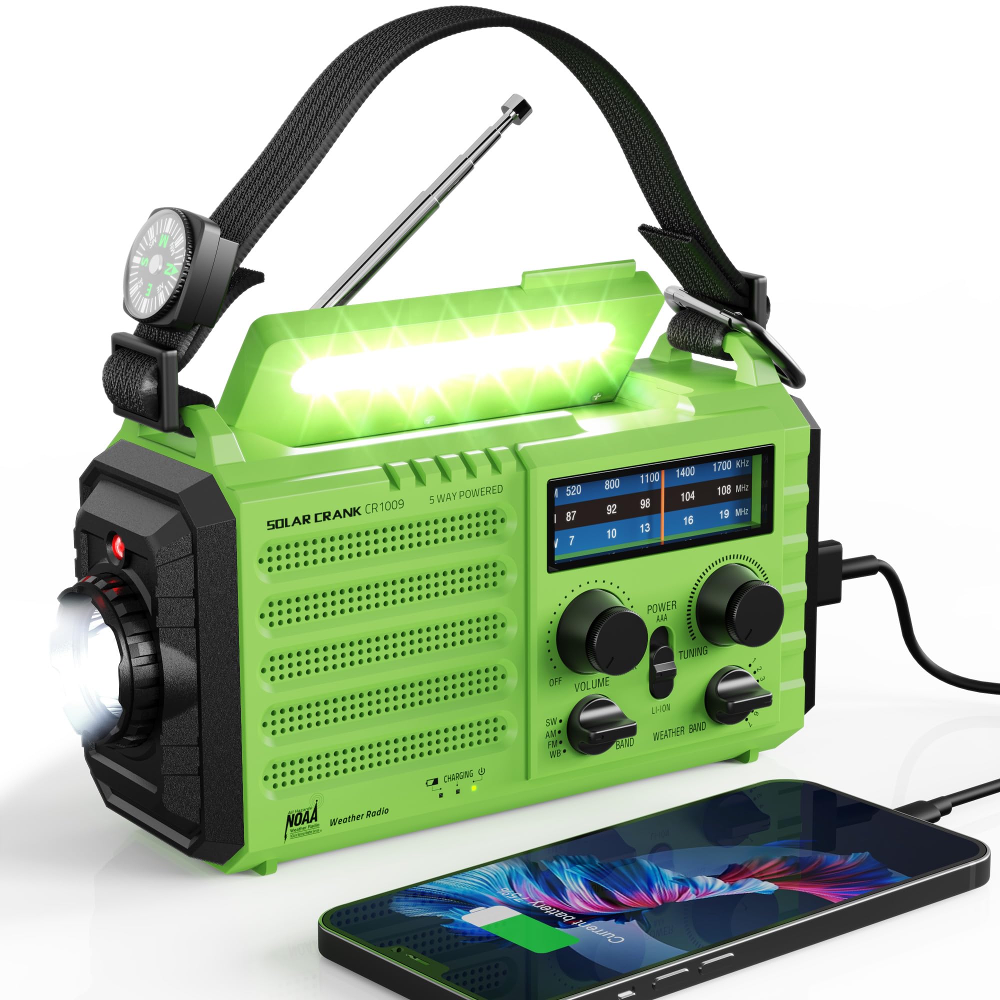 Raynic Solar Hand Crank Emergency Weather Radio - 5000mAh Power Bank with AM/FM/SW/NOAA Alerts, Flashlight, SOS Siren & Phone Charger - Portable Survival Gear for Camping, Hiking & Power Outages (Green)