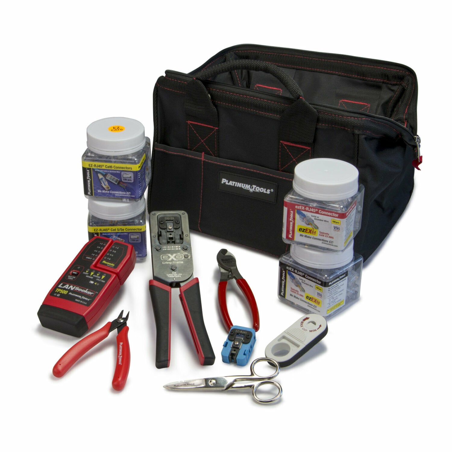 Platinum Tools 90149 ezEX RJ45 Termination and Test Kit - Pass Through RJ45 Connectors, Deluxe Installation Kit with LANSeeker Cable Tester & Tool Pouch - Perfect for Network Installations, IT Professionals, and Home Office Setups