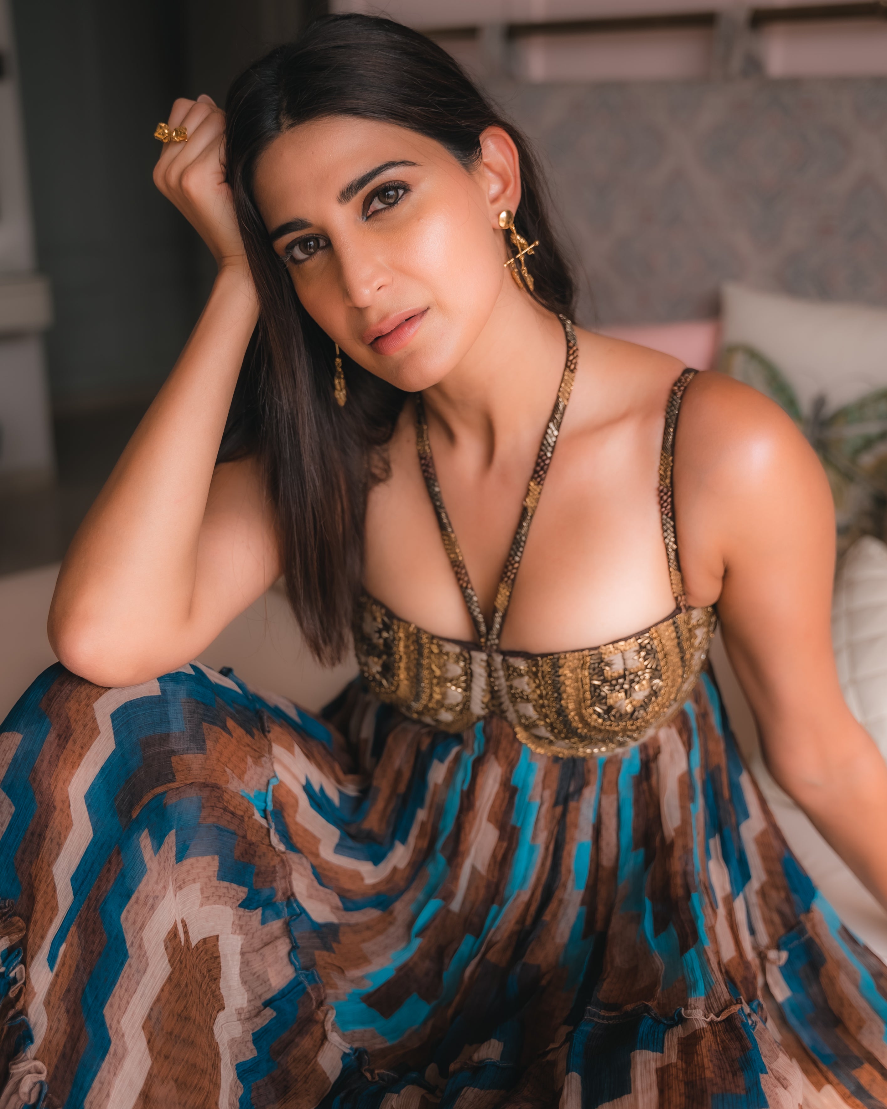 Turquoise Grid Print Maxi Dress with Aged Gold Embroidery - Elegant Boho Chic Women's Dress for Parties, Weddings & Special Occasions