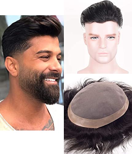 Majik Custom Men's 9x7 Human Hair Toupee Wig - Natural Black Hairpiece with Free Hair Brush, 4 Clips & Tape | Perfect for Hair Loss, Thinning Hair & Daily Wear