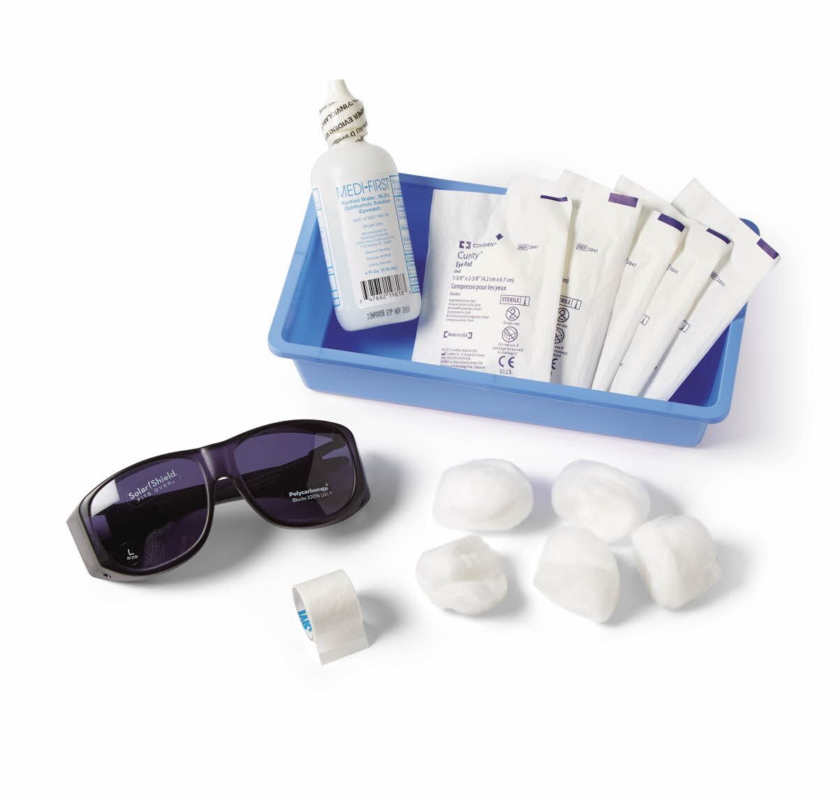 Medline Cataract Eye Care Kit - 8-Piece Set with Protective Glasses, Sterile Eyewash, Cotton Balls, Oval Eye Pads & Micropore Tape - Includes 10