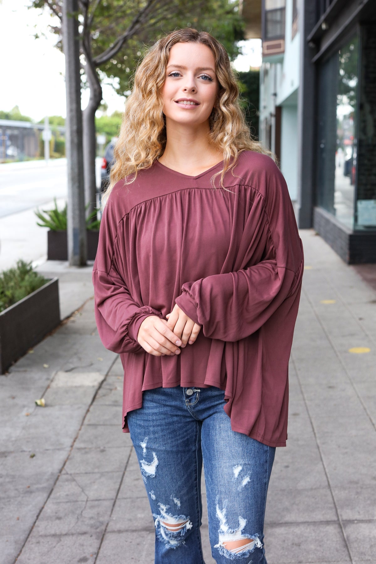 Stylish Casual Wine V-Neck Yoke Modal Knit Oversized Top for Women | Comfortable Loose Fit Tunic Blouse for Everyday Wear, Work & Outings