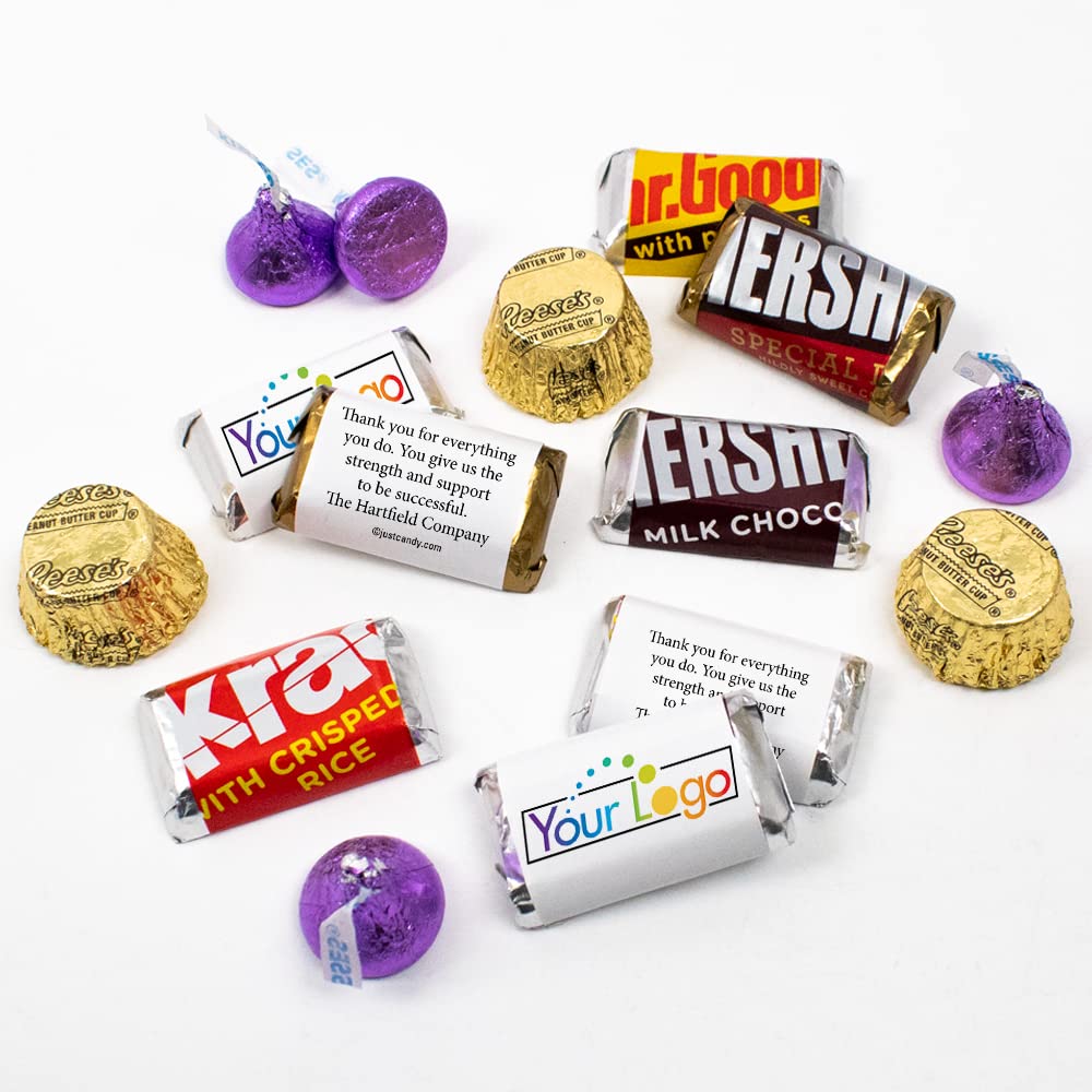 190 Pcs Bulk Custom Candy for Promotional Events - Personalized Mini Chocolates, Kisses & Peanut Butter Cups (Gold & Light Purple) - Perfect for Branding, Wedding Favors & Candy Buffet Supplies