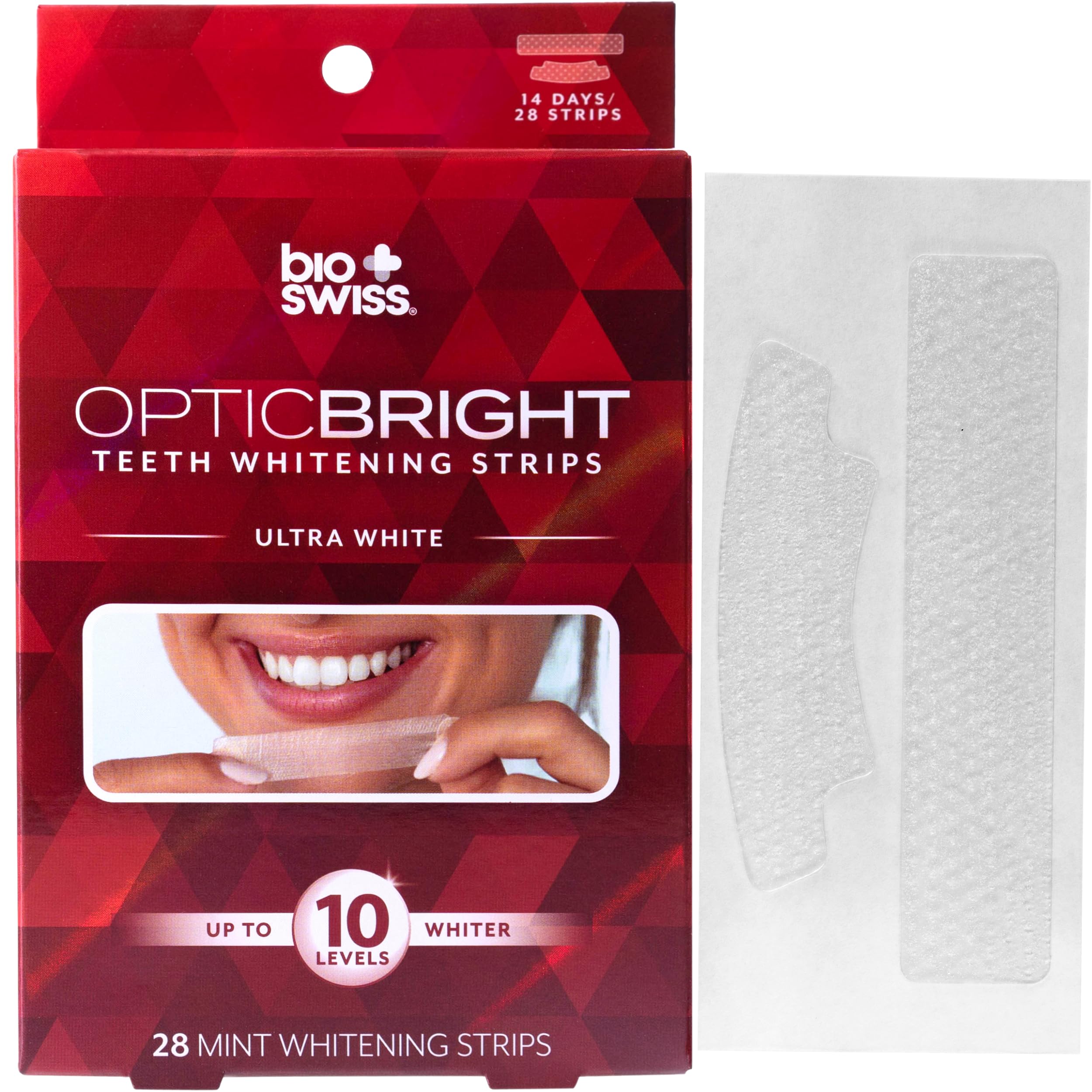 BioSwiss Teeth Whitening Strips - Optic Bright Ultra White Mint Whitener, 28 Strips for Professional Teeth Whitening at Home, Fresh Mint Flavor, Red Box Packaging | Perfect for Smile Brightening Before Events & Daily Use