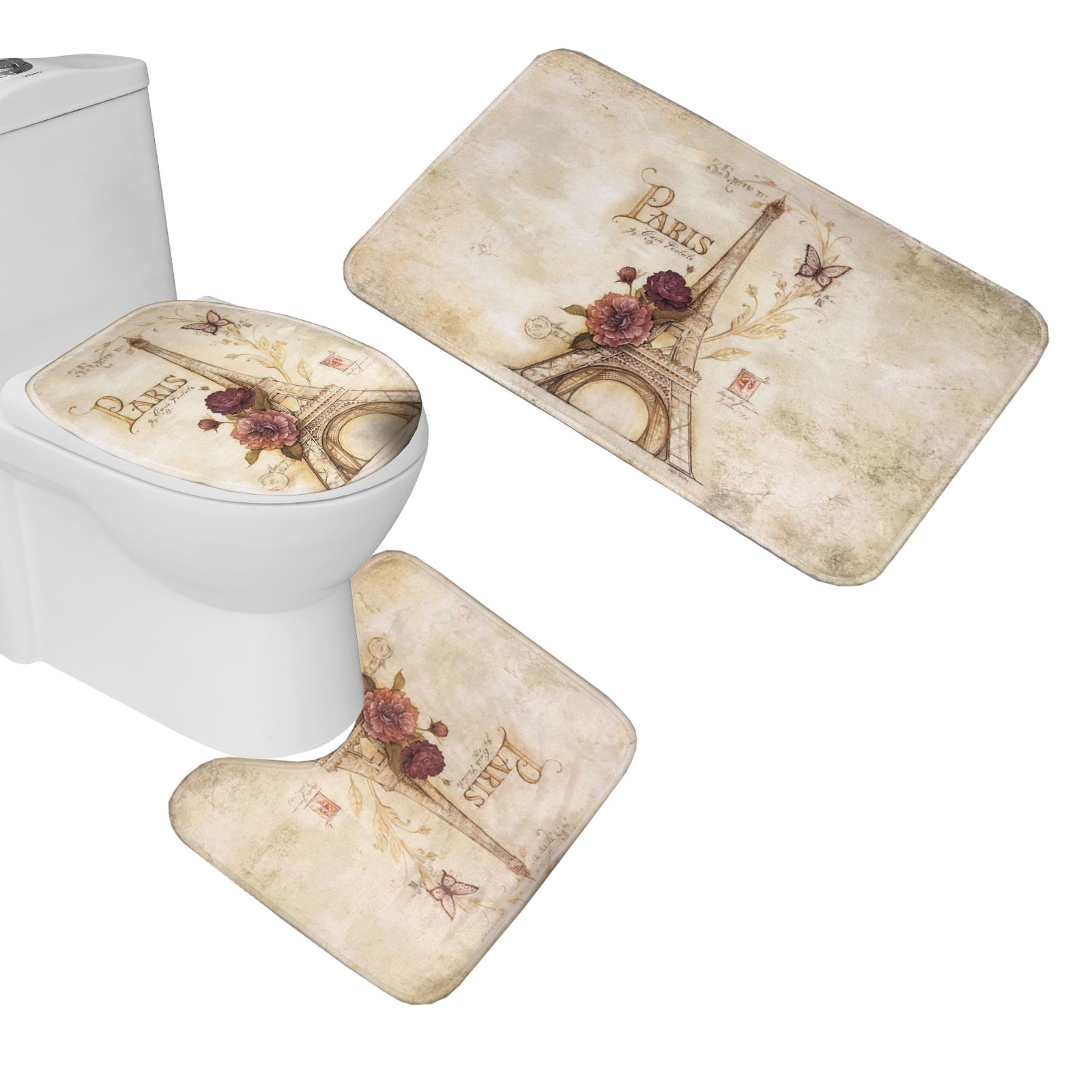 Vintage Paris Brown Eiffel Tower Bathroom Mat Set - 3 Piece Non-Slip Bath Mat with Purple Flower & Butterfly Design, Contour Mat & Toilet Cover - Perfect for French Theme Bathroom Decor