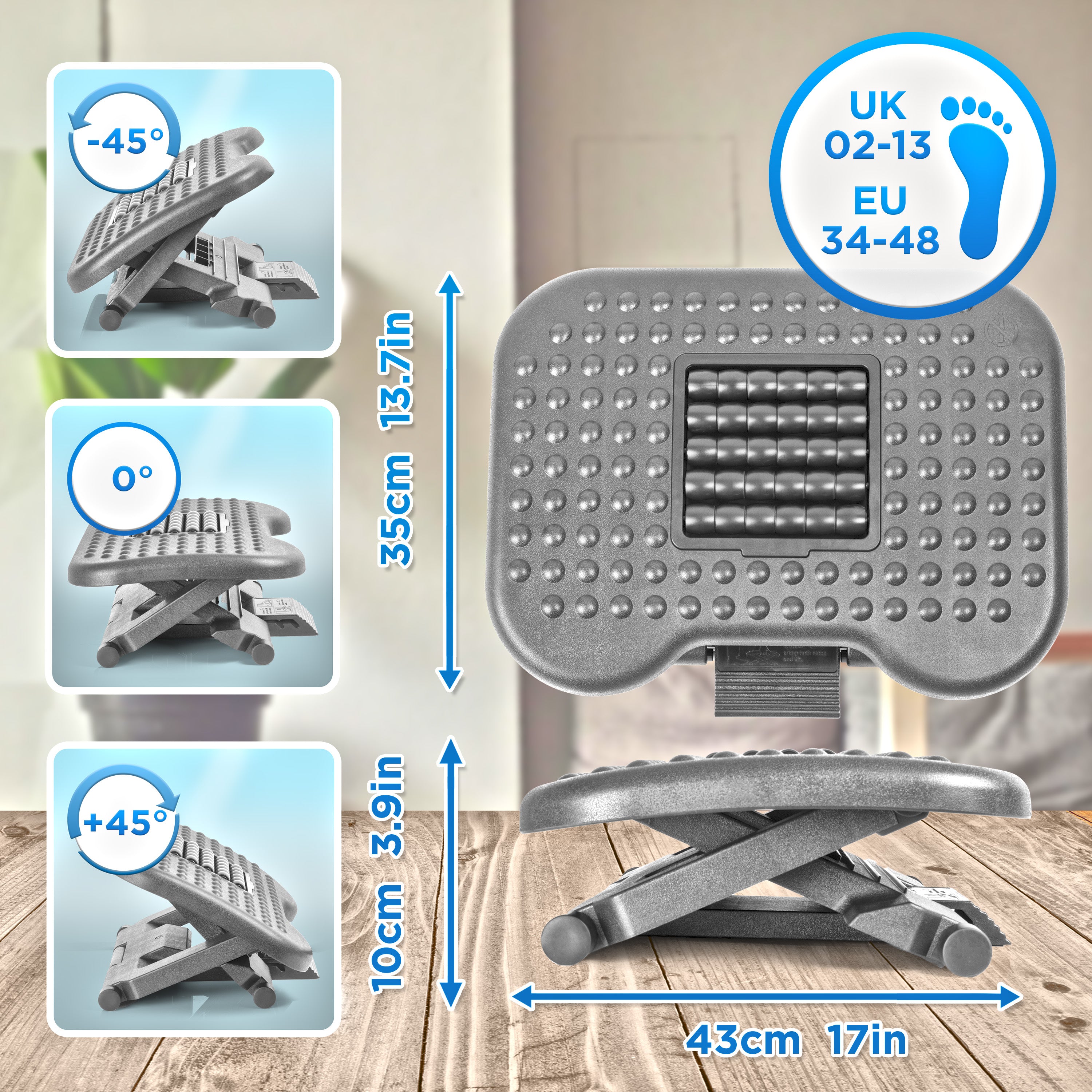 Duronic Ergonomic Footrest FT03 - Adjustable Tilt & 3 Height Levels with Massage Rollers for Office, Home & Gaming - Relieves Foot Pain, Fatigue & Stress - Textured Surface Under Desk Foot Rest for Work, Study & Long Sitting Sessions