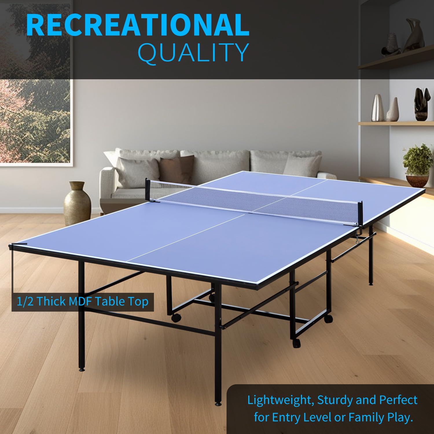 Rakon Blue Folding Ping Pong Table with Wheels - Indoor/Outdoor Table Tennis Set Includes 2 Rackets, 3 Balls & Net - Portable Design for Easy Storage & Transport - Perfect for Backyard, Garage, or Recreation Room Games