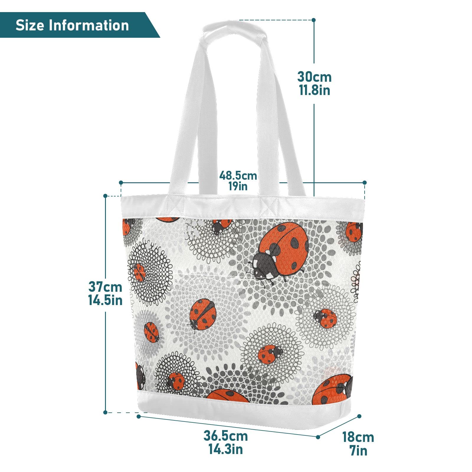 Stylish MCHIVER Ladybugs Monochrome Floral Mesh Beach Bag with Zipper & Pockets - Lightweight Tote for Pool, Gym, Travel & Beach Essentials | Perfect for Summer Vacations, Swimwear Storage & Outdoor Activities