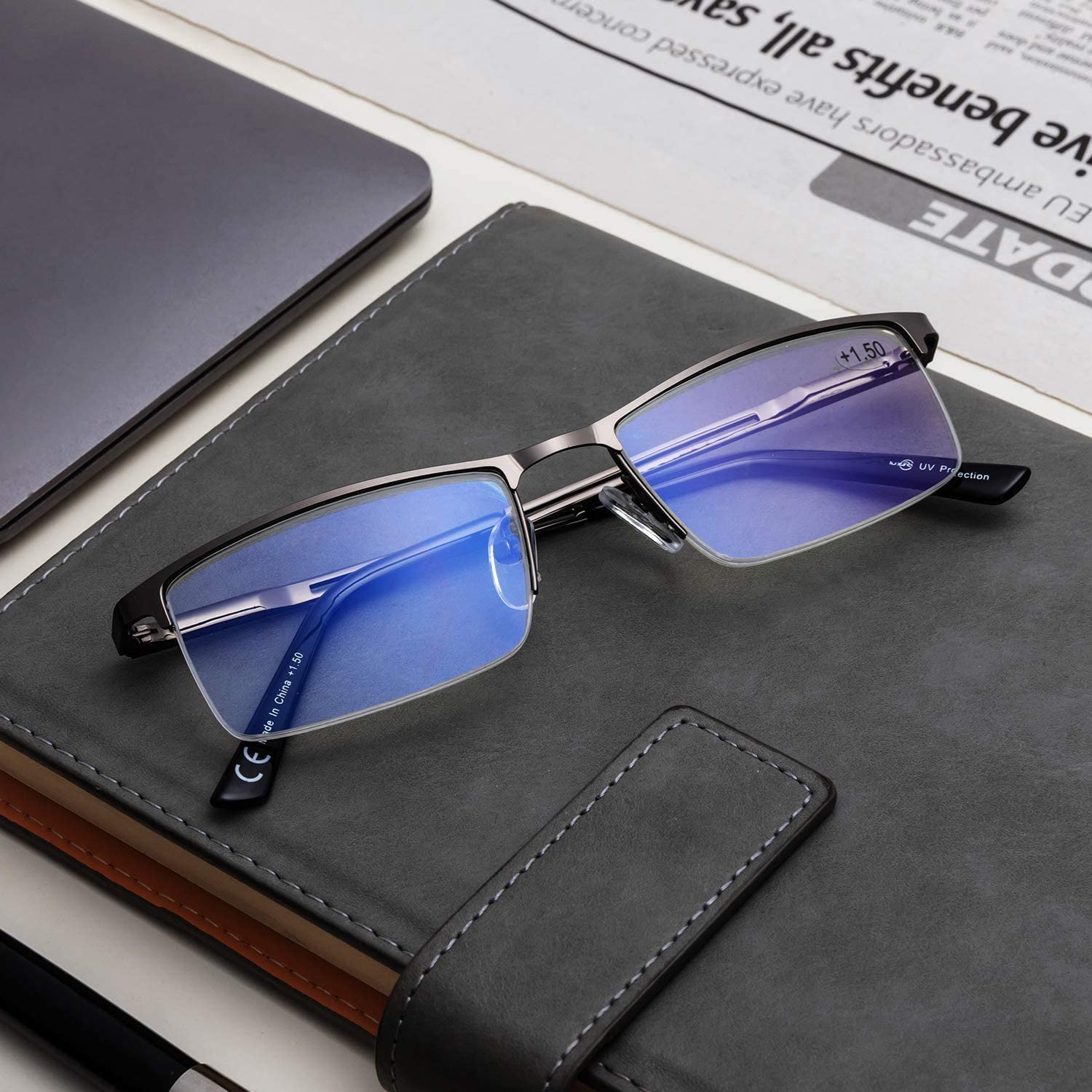 HUYAOPT 2-Pack Blue Light Blocking Reading Glasses for Men & Women - Anti Eyestrain Computer Glasses with Spring Hinge Metal Frame (1.25 Strength, Mixed Colors) - Perfect for Office Work, Gaming & Screen Time