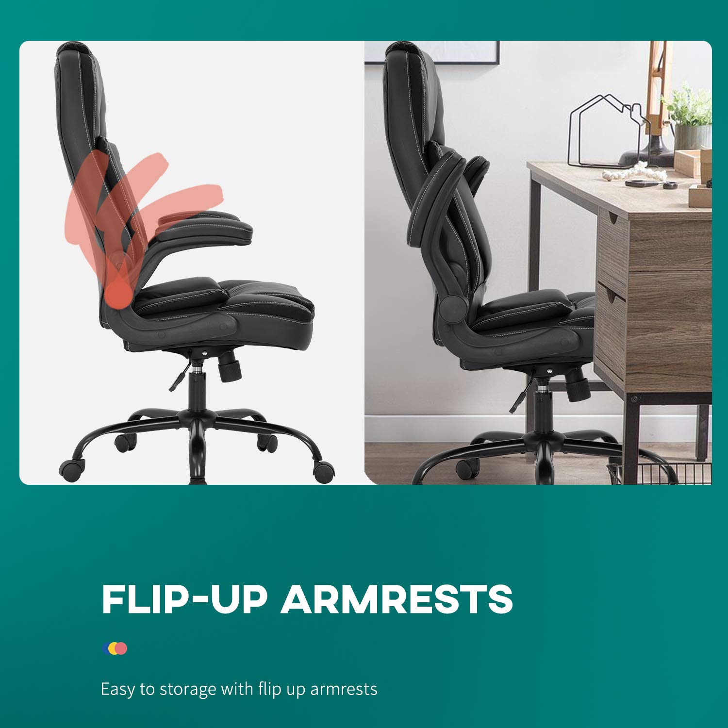 Ergonomic Office Chair with Lumbar Support - PU Leather Executive Desk Chair, Adjustable Flip-Up Armrests, Swivel Rolling Task Chair for Home & Office (Black) - Perfect for Long Work Hours, Gaming & Computer Use