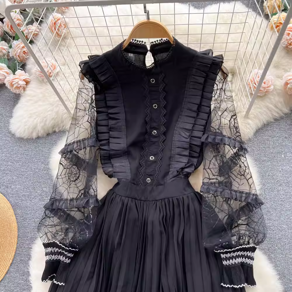 Elegant Black Mesh Long Sleeve Pleated Dress for Women - Perfect for Evening Parties, Date Nights & Special Occasions