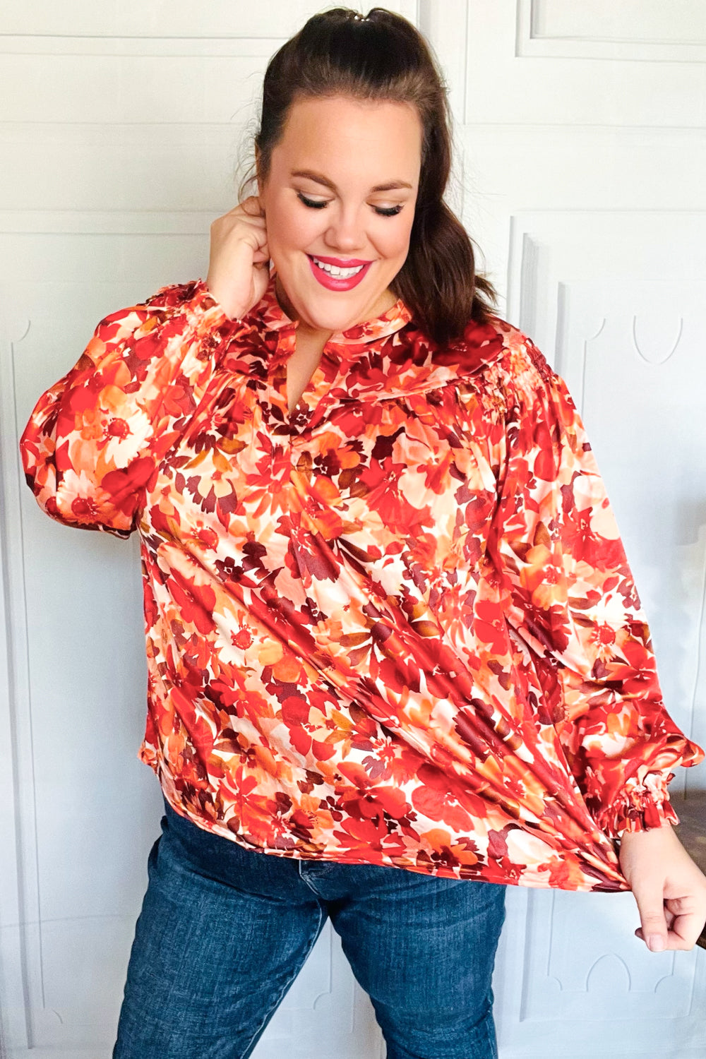 Fall Vibes Rust Floral Print Notched Neck Smocked Satin Blouse - Elegant Women's Tops for Autumn Outfits, Date Nights & Office Wear
