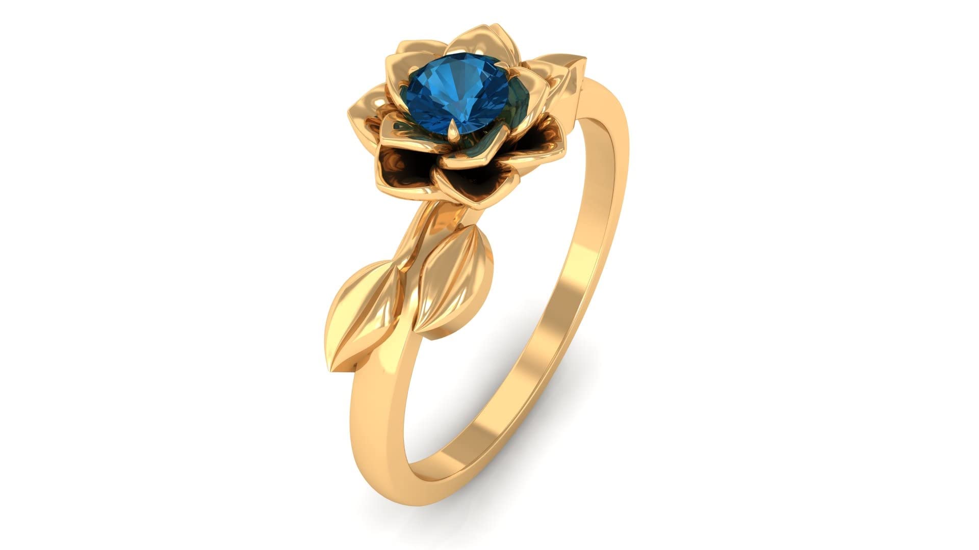 14K Solid Gold London Blue Topaz Solitaire Ring with Floral Leaf Design - Elegant Jewelry for Women, Perfect for Weddings, Anniversaries & Special Occasions