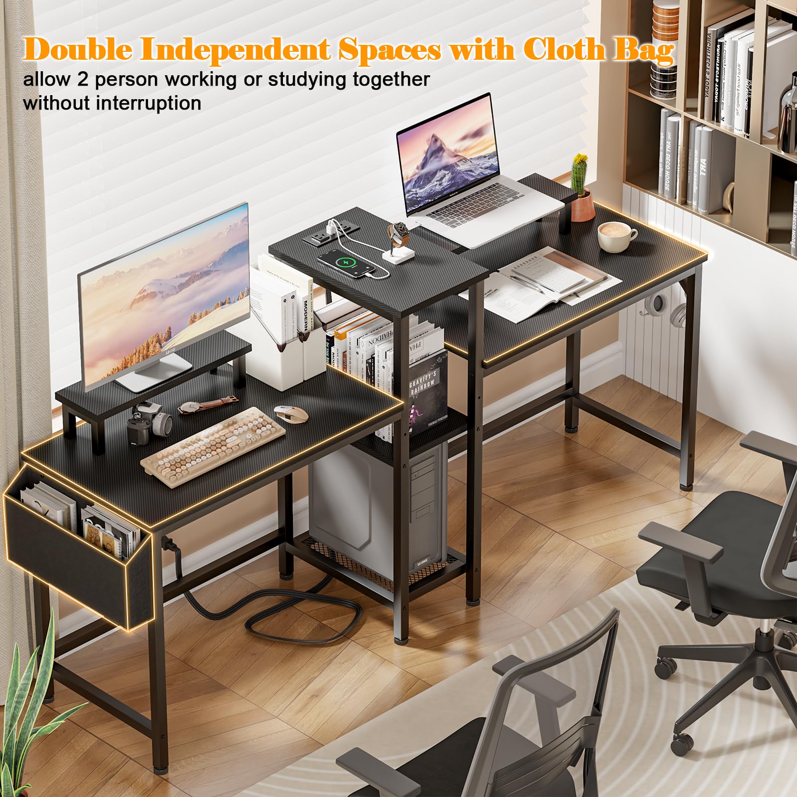 Furologee 71 Inch LED Gaming Desk for 2 Players - Dual Computer Desk with Power Outlets, Monitor Stand, Storage Bag & Headphone Hooks - Perfect for Home Office, Study & Writing | Ideal for Gamers, Remote Work & Small Spaces (Black)