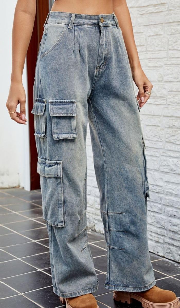 Women's High Waisted Denim Cargo Pants - Y2K Baggy Jeans with Multiple Pockets | Wide Leg Casual Loose Trousers for Streetwear & Everyday Outfits