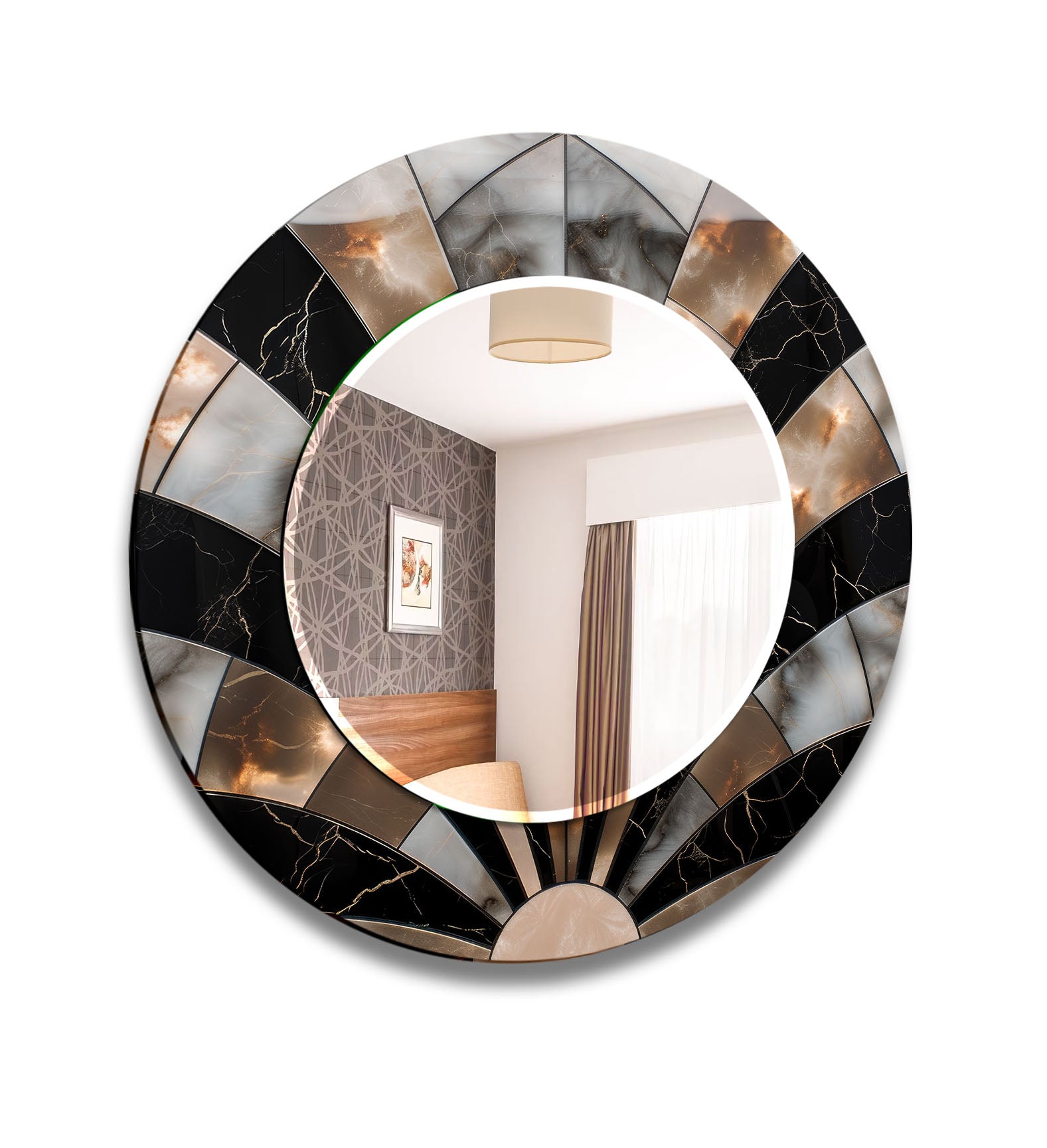 Elegant Black Marble Round Wall Mirror with Sunburst Frame - Perfect for Living Room, Bedroom, and Bathroom Decor