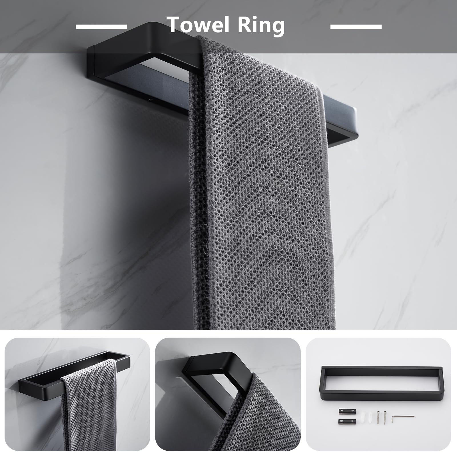 Premium 3-Piece Contemporary Bathroom Hardware Set - Stainless Steel Towel Hook, Towel Bar & Toilet Paper Holder - Wall Mounted Matte Black (SUS 304) - Perfect for Modern Bathrooms, Powder Rooms & Spa-Style Decor