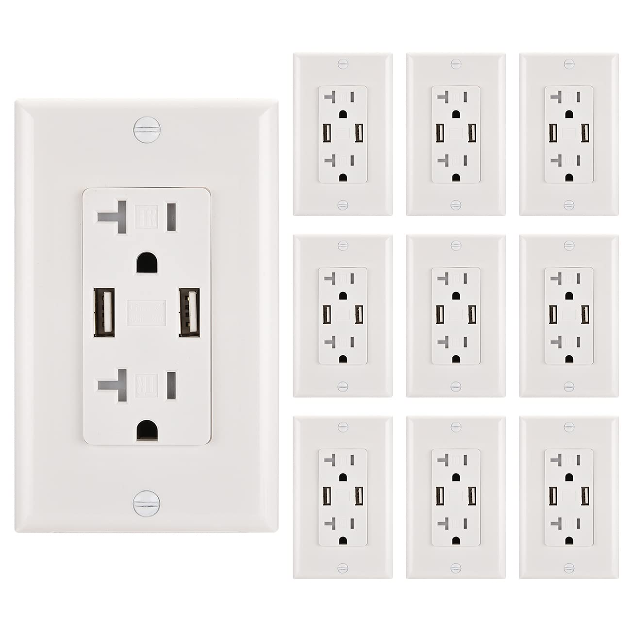 10-Pack White UL Listed USB Charger Wall Outlet with 3.1A Fast Charging Ports & 20A Tamper-Resistant Duplex Receptacles - Perfect for Home, Office, and Hotel Charging Stations