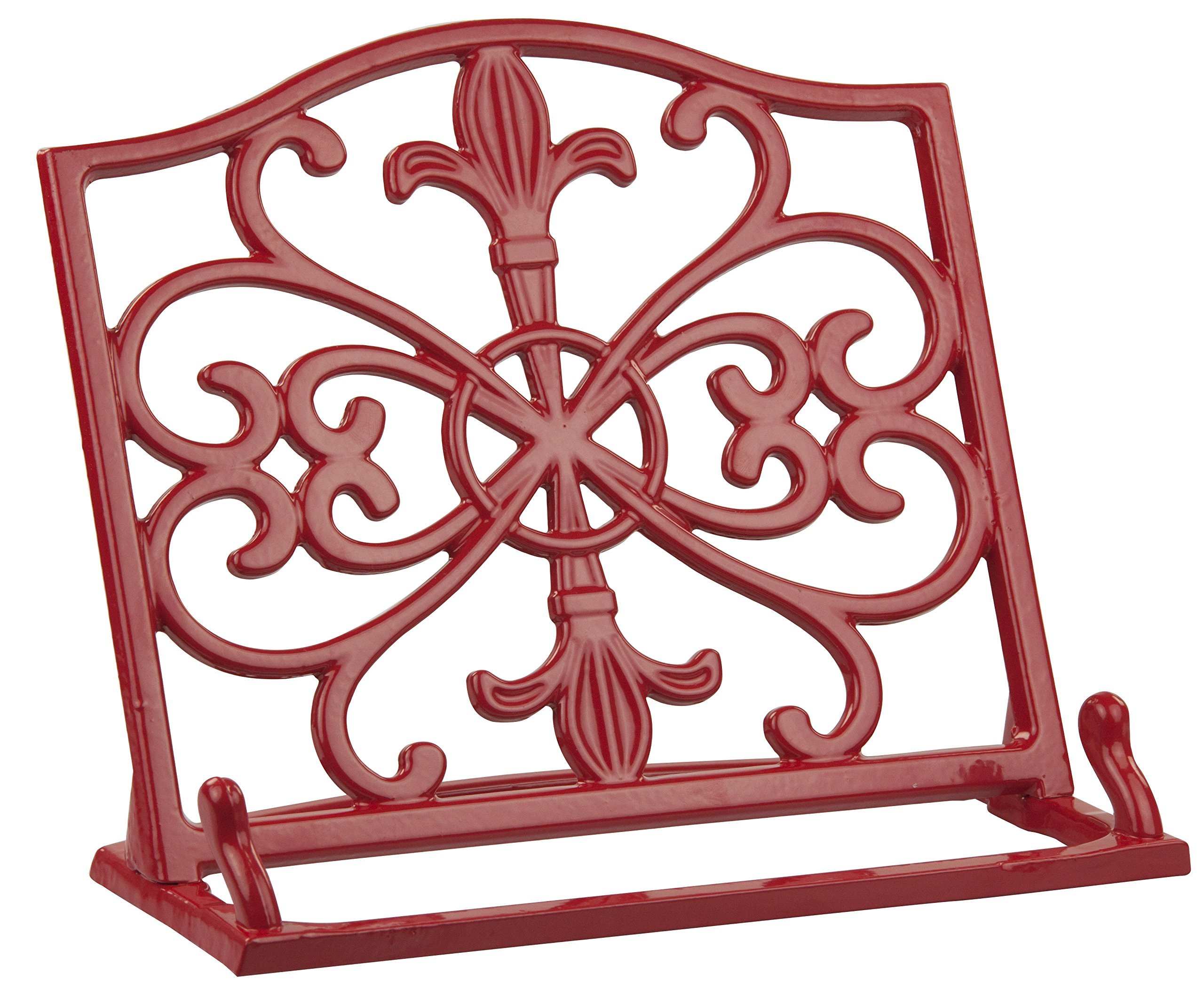 Home Basics Red Cast Iron Fleur De Lis Cookbook Stand - Rustic Kitchen Decor for Recipe Display, Perfect for Farmhouse & French Country Style Kitchens