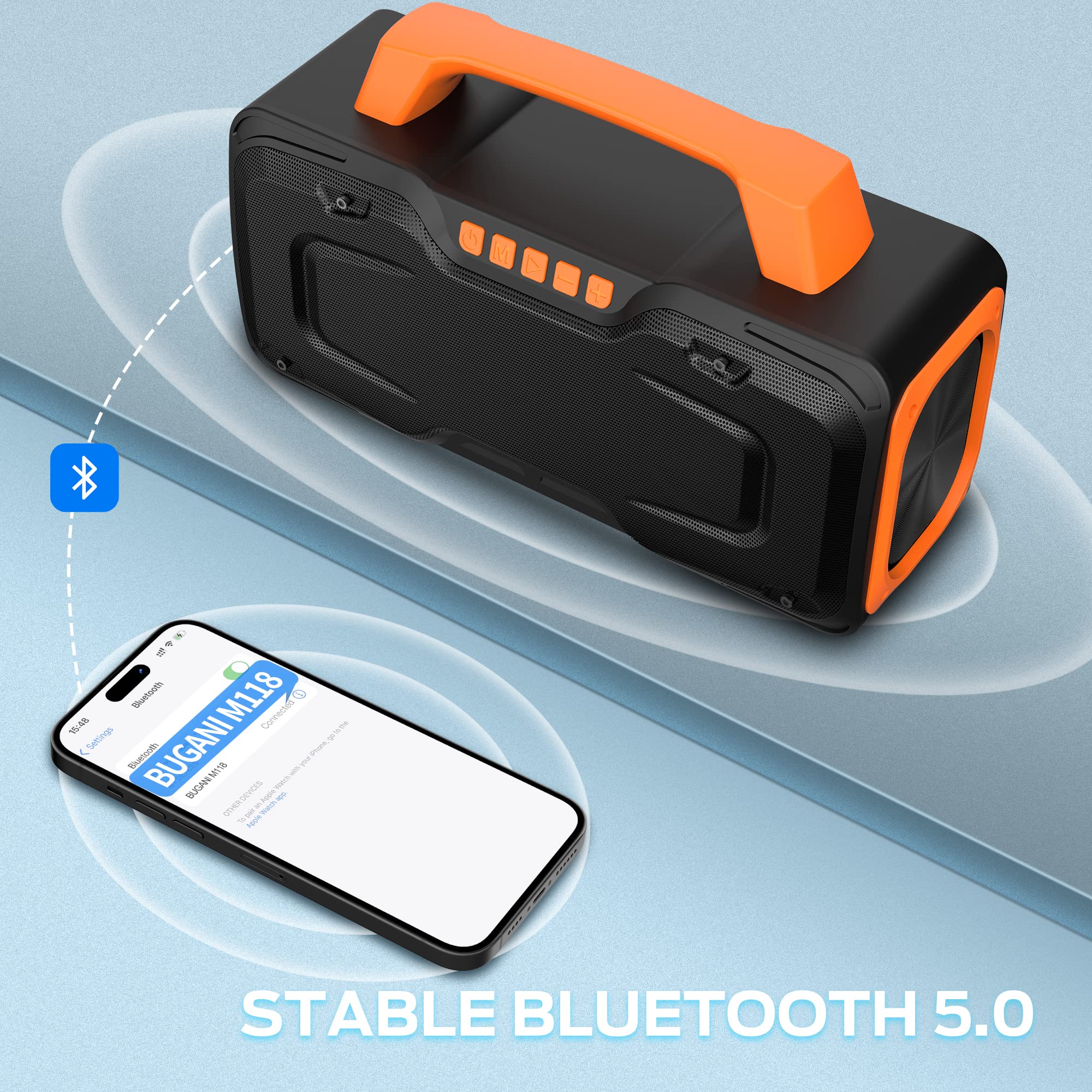 BUGANI 80W Bluetooth Speaker, IPX7 Waterproof Portable Wireless Speaker with Handle - 24H Playtime, AUX/USB, Karaoke Mic Support - Perfect for Outdoor Parties, Poolside, Beach, Camping & Home Karaoke