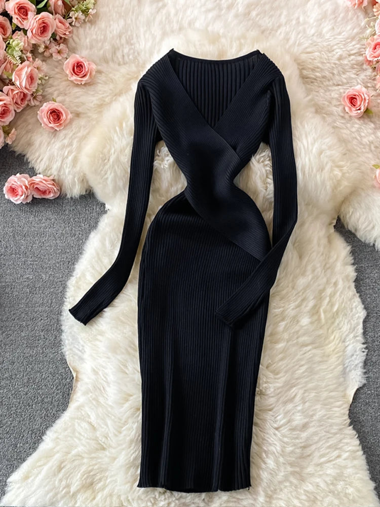 Elegant Cross V-Neck Slim Waist Knitted Bodycon Dress for Women | Autumn Winter Office Wear | Korean Style Ladies Vestidos | Perfect for Work, Party & Date Nights