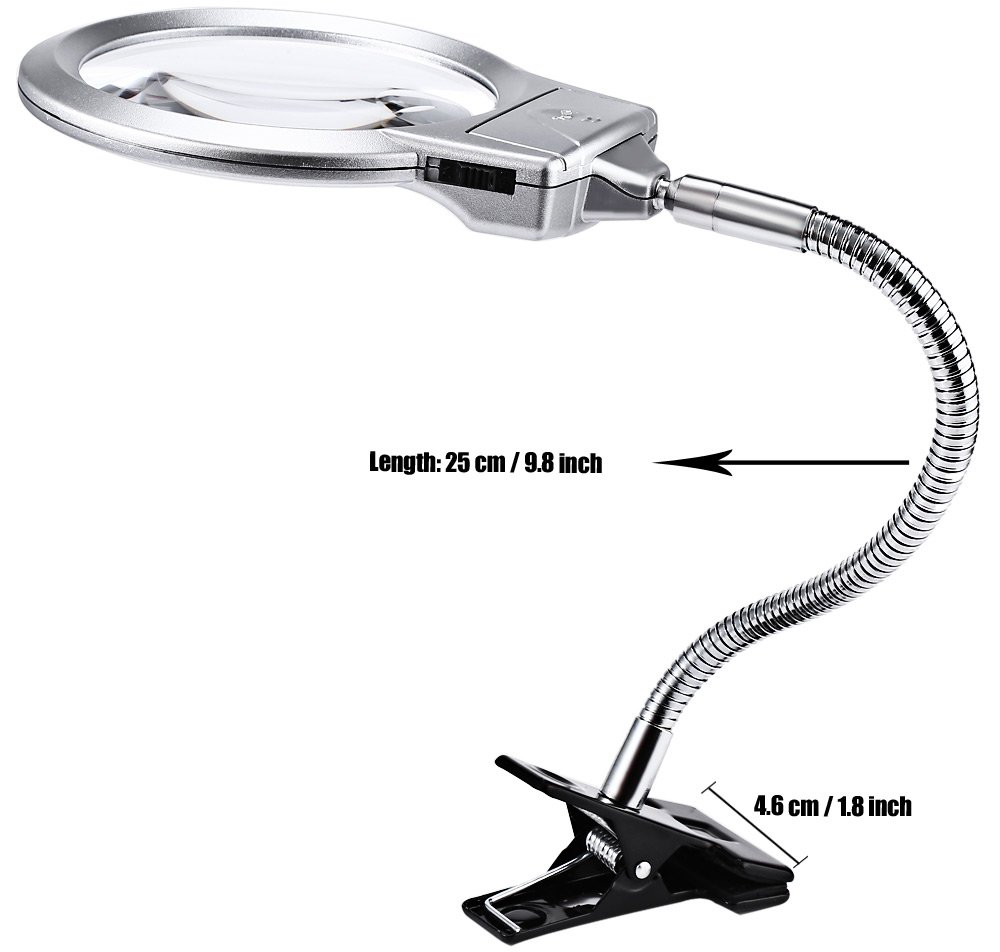 Pro-Flex Hands-Free LED Magnifying Glass Lamp with 2.25X & 5X Lens - Adjustable Gooseneck Desk Clamp Light for Reading, Crafts, Jewelry Making & Close Work - Silver Desktop Magnifier Lamp for Seniors & Hobbyists