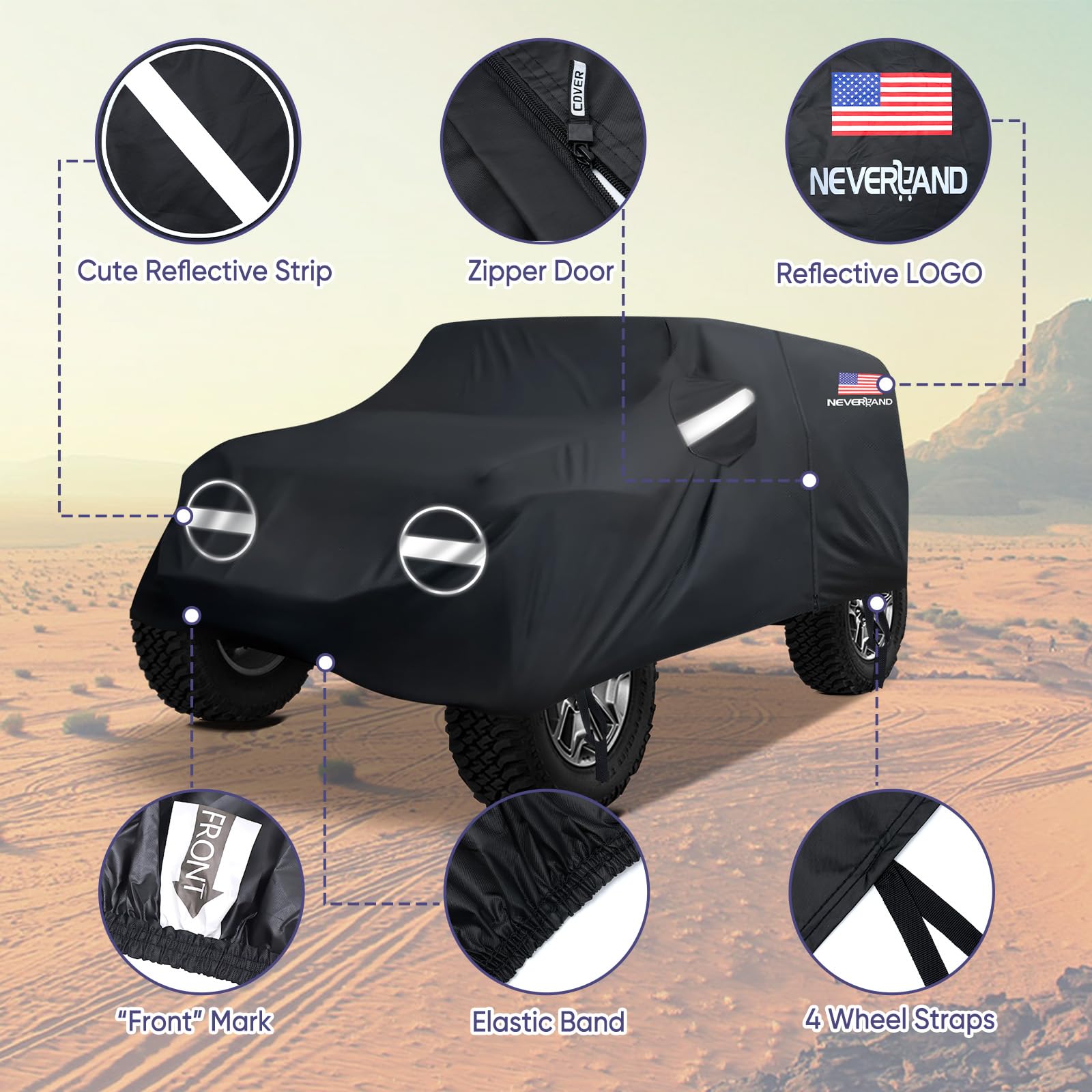NEVERLAND Waterproof All-Weather Car Cover for Jeep Wrangler 2 Door (Fits JK JL JLU JKU 2007-2025 Models) - UV Sun & Rain Protection with Convenient Door Zipper - Perfect for Outdoor Parking & Vehicle Storage