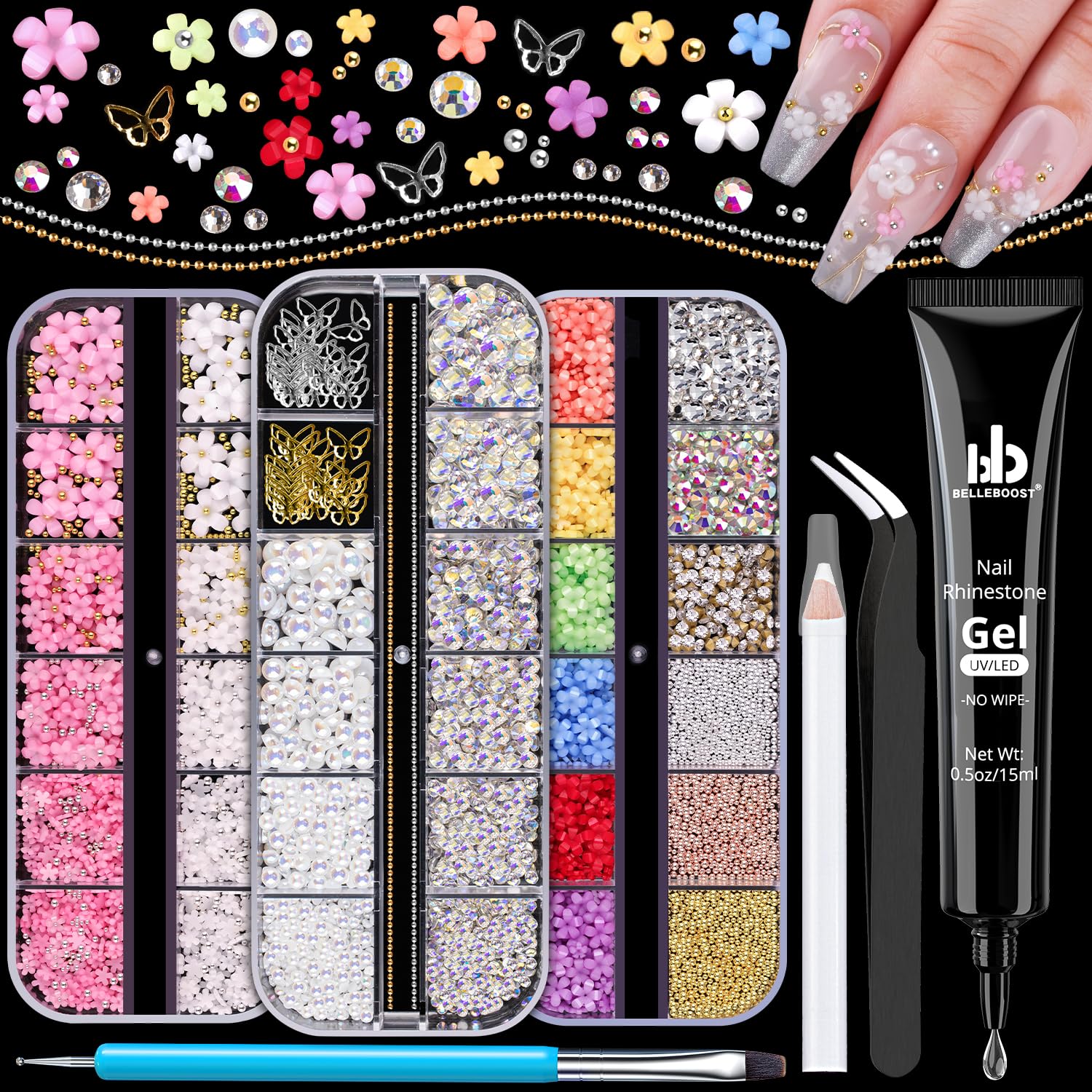 3D Nail Charms Kit with Rhinestones, AB Gems, Caviar Beads & Flatback Pearls - UV Curing Glue Gel & Dotting Tools Included - Perfect for DIY Manicure, Nail Art Designs & Salon Professional Use