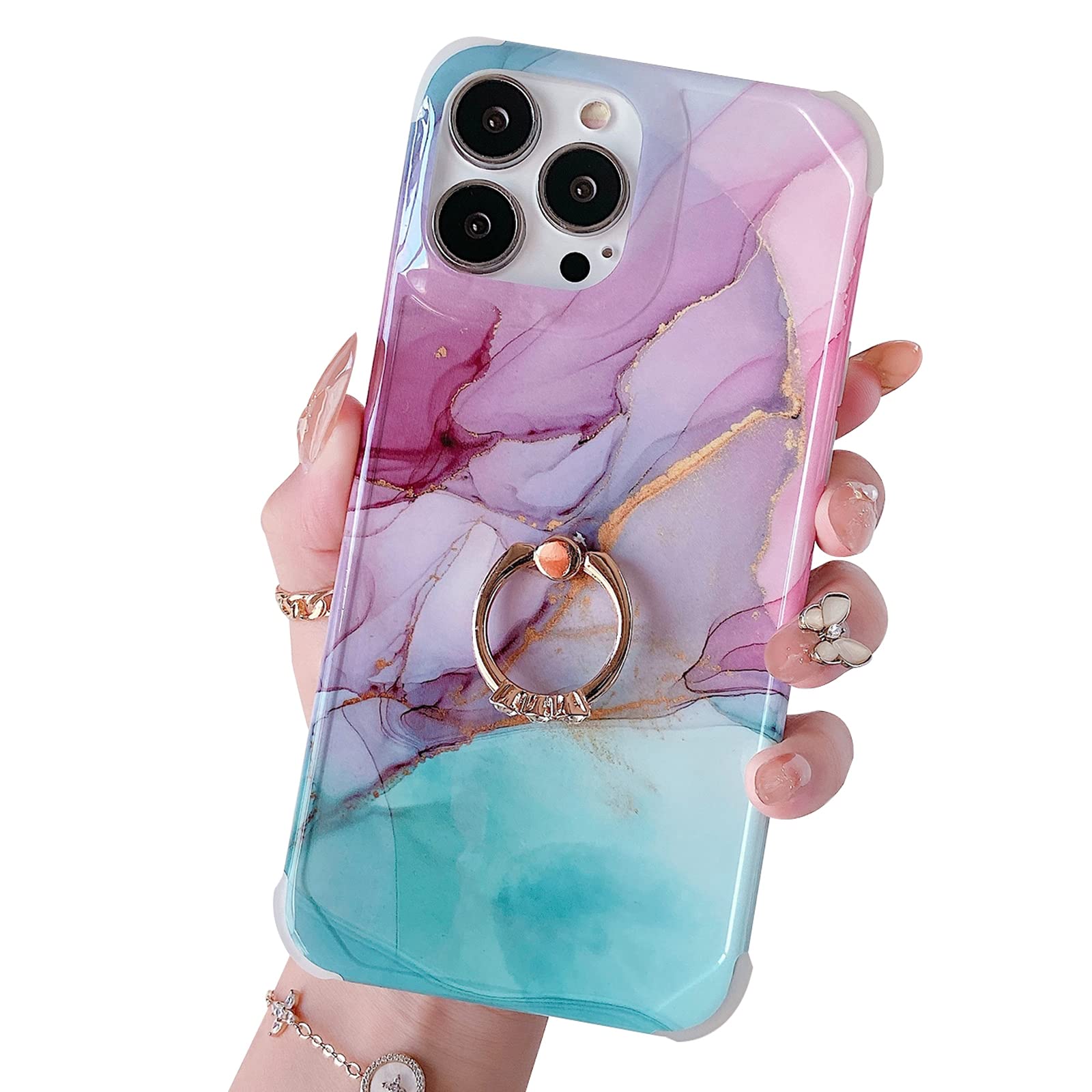 Luxury Slim Cute iPhone 13 Pro Max Case with Ring Holder & Kickstand - Protective White Marble Glitter Bling Cover for Women | Perfect for Daily Use, Work & Travel | Drop Protection Phone Case for iPhone 13 Pro Max