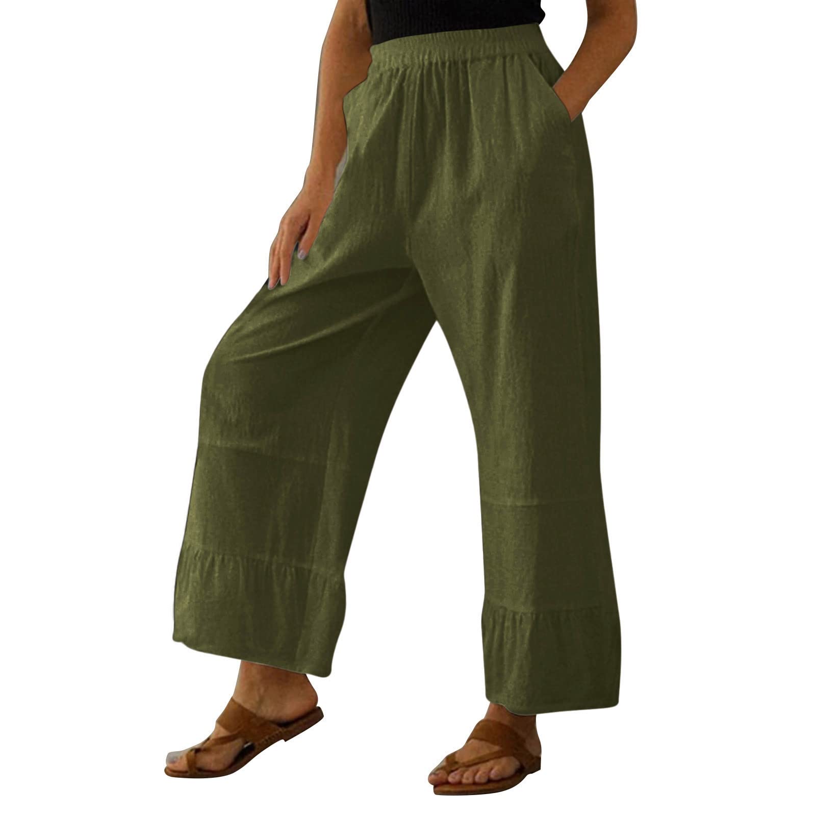 Women's Cotton Linen High Waist Loose Fit Casual Pants with Pockets - Comfortable Summer Trousers for Work, Travel & Everyday Wear