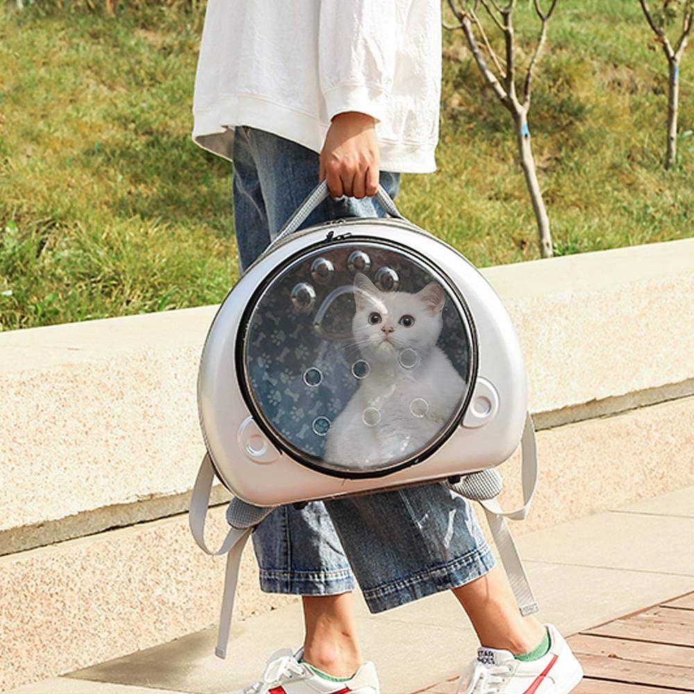 Double Shoulder Cat Carrier Backpack - Breathable Portable Pet Travel Bag for Small Dogs & Cats, Space Capsule Design with Shoulder Straps, Silver - Perfect for Outdoor Adventures, Vet Visits & Air Travel