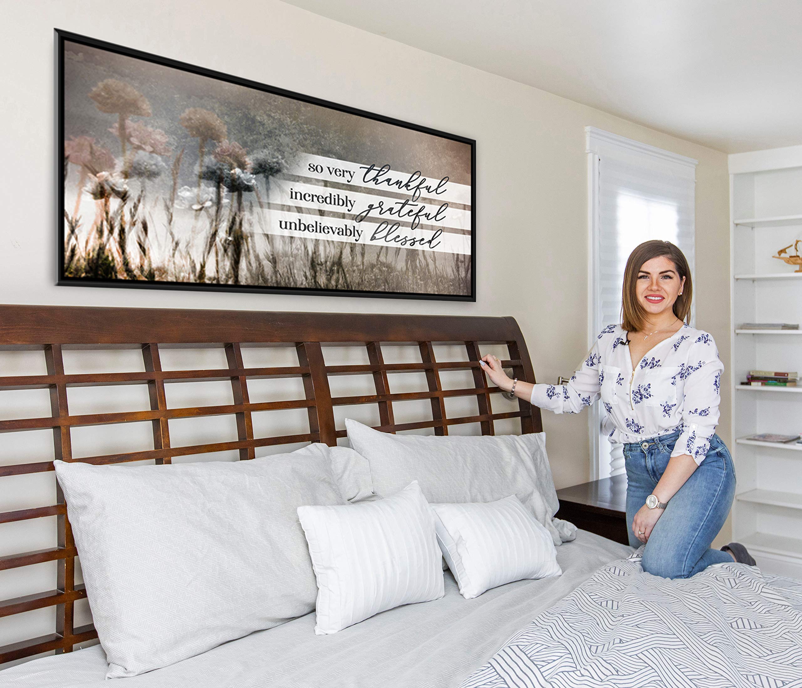 Rustic Dandelion Wall Art - So Very Thankful Blessed Religious Canvas Print with Black Floating Frame (42x19 inches) | Nature Inspired Home Decor for Living Room, Bedroom & Office