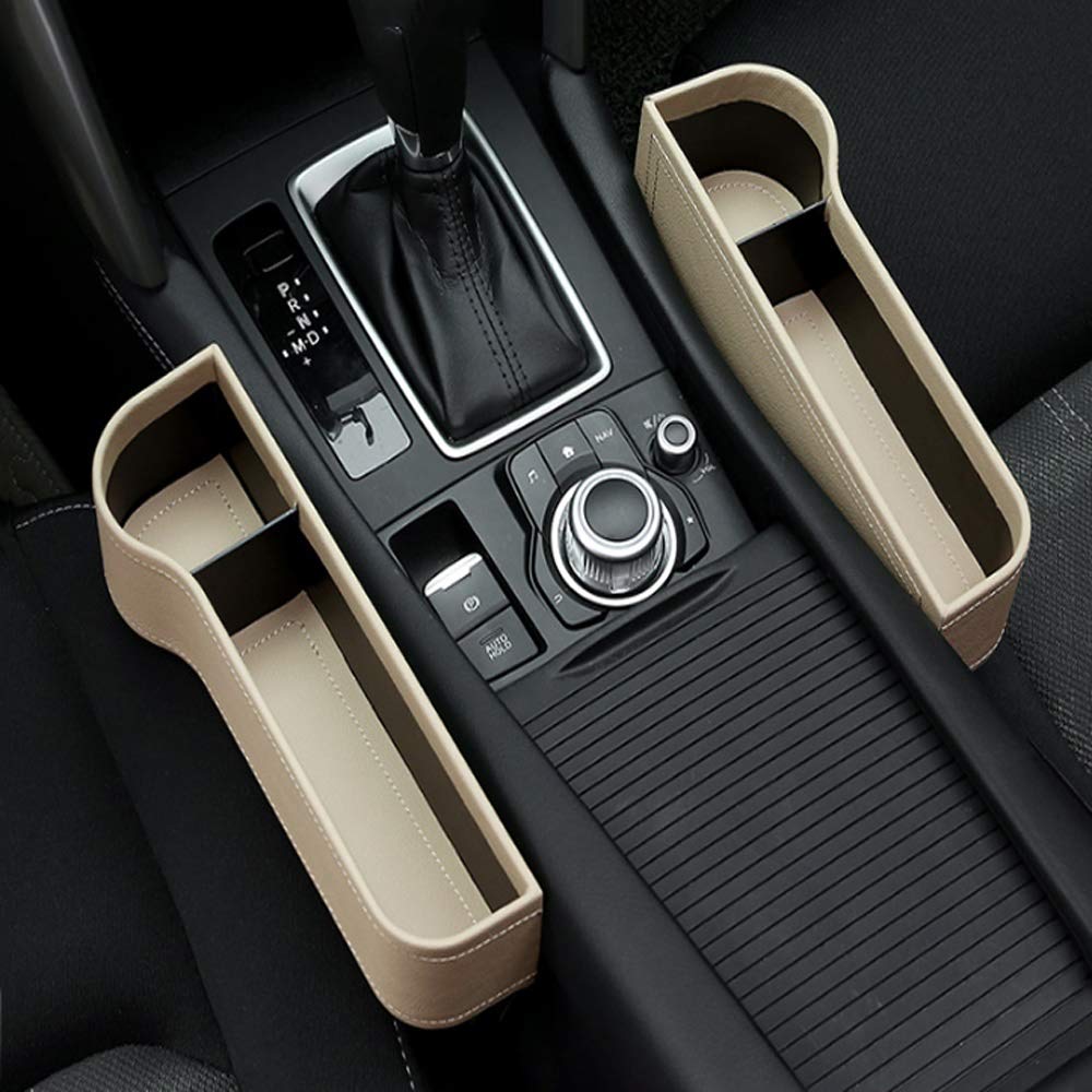 Premium PU Leather Car Seat Gap Storage Box - 2-Piece Universal Console Organizer for Armrest & Side Storage | Beige | Perfect for Sedans, SUVs & Trucks to Organize Phones, Keys & Small Essentials