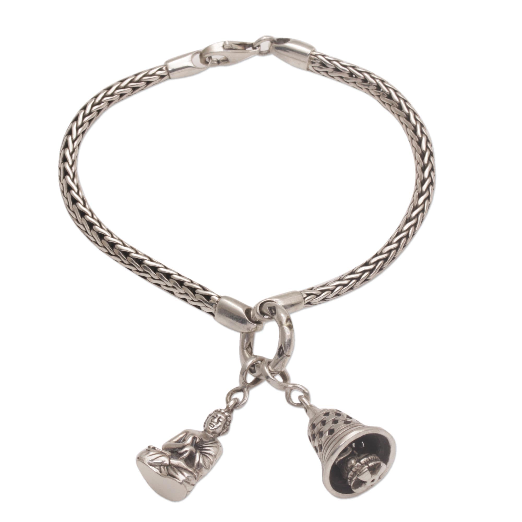 Handmade Sterling Silver Bali Buddha Charm Bracelet - Stupa Bell & Geometric Buddhism Design (1.2