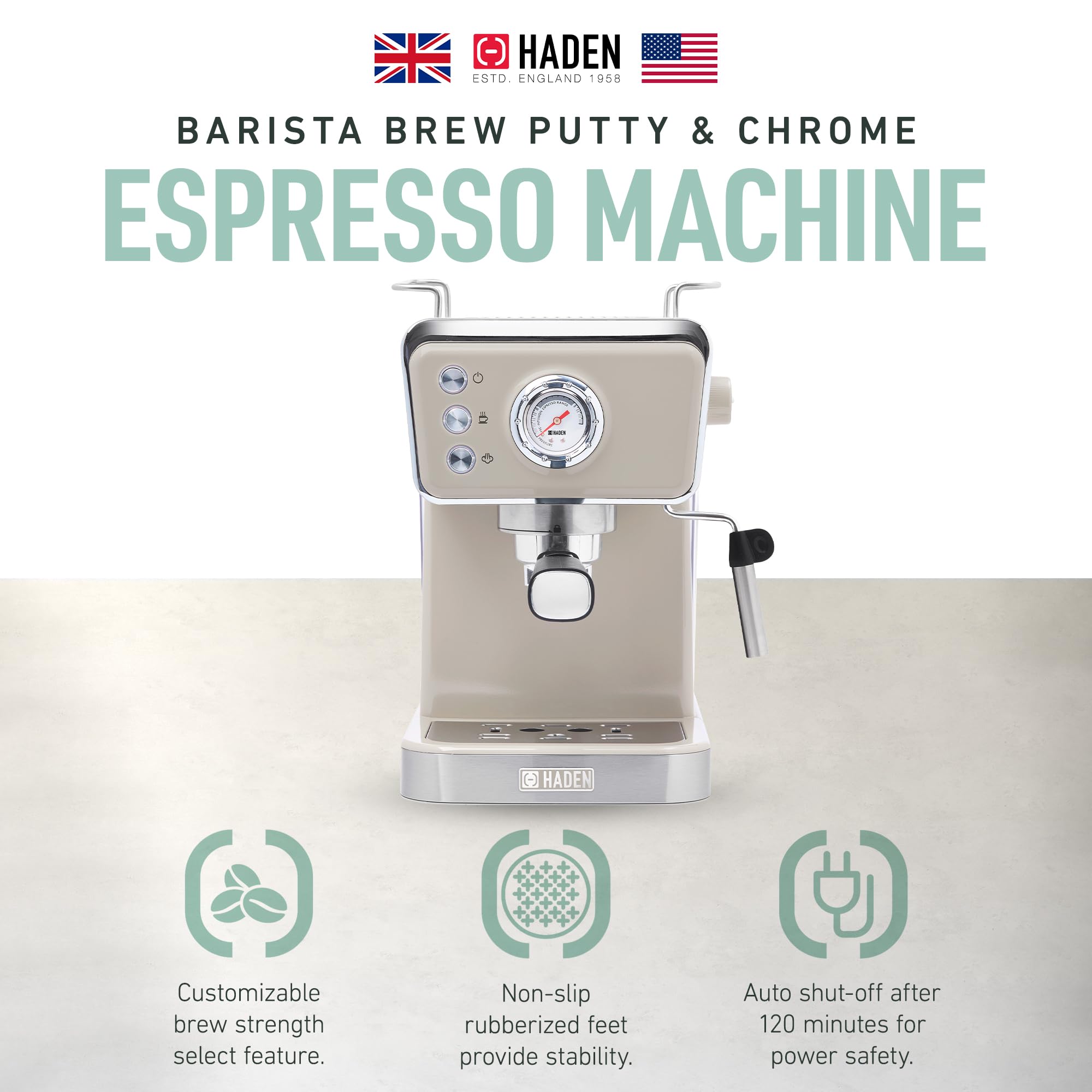 HADEN Barista Brew Espresso Coffee Machine - Stainless Steel Espresso Maker with Milk Frother, Steamer & 1.5L Water Tank (Putty & Copper) - Perfect for Home Baristas, Coffee Shops & Office Break Rooms