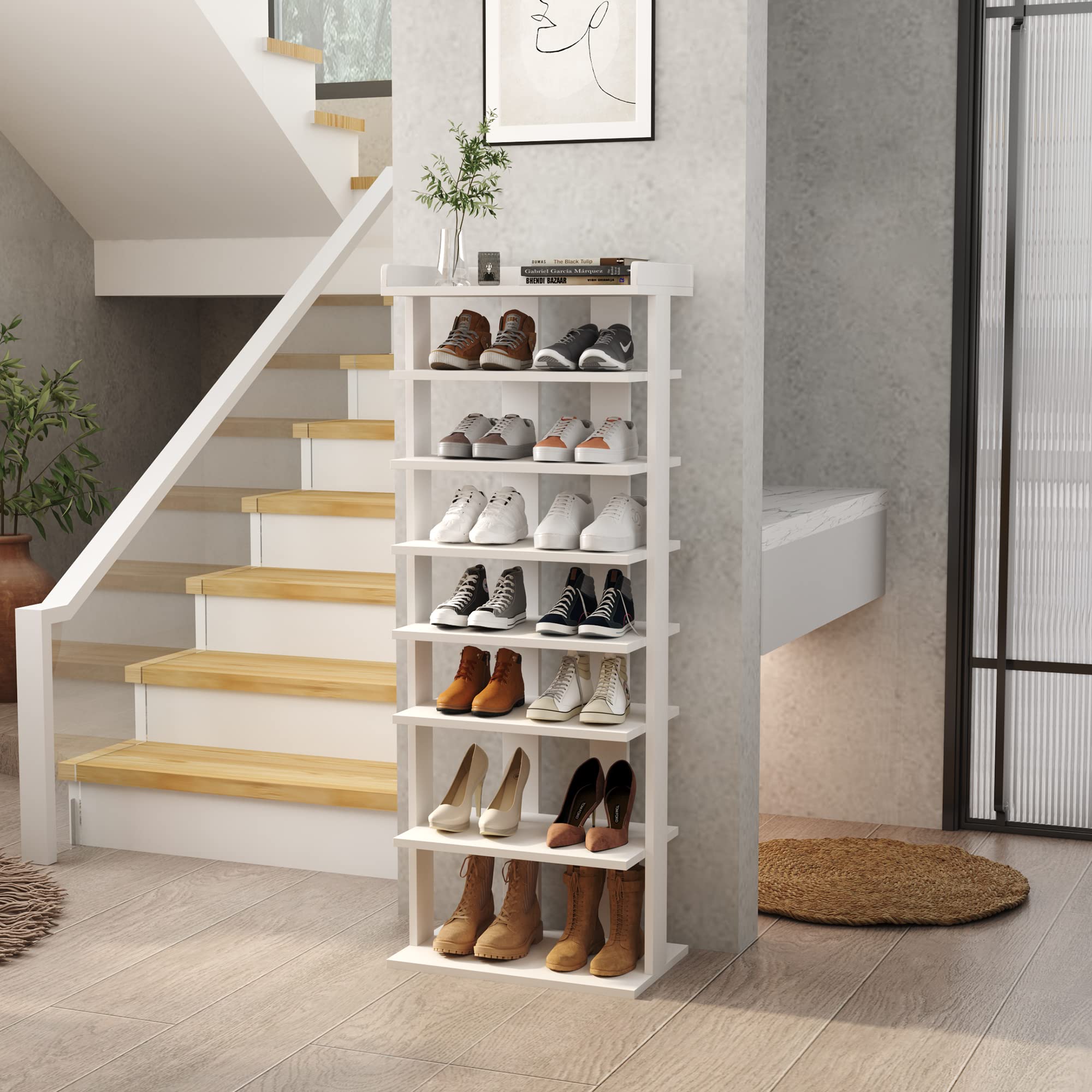 HOMEFORT 7-Tier Wooden Shoe Rack Organizer - Double Row Shoe Storage Shelf for Entryway, Closet & Bedroom - Space Saving Vertical Shoe Tower for Narrow Spaces - Perfect for Hallway, Mudroom & Apartment Organization (White)