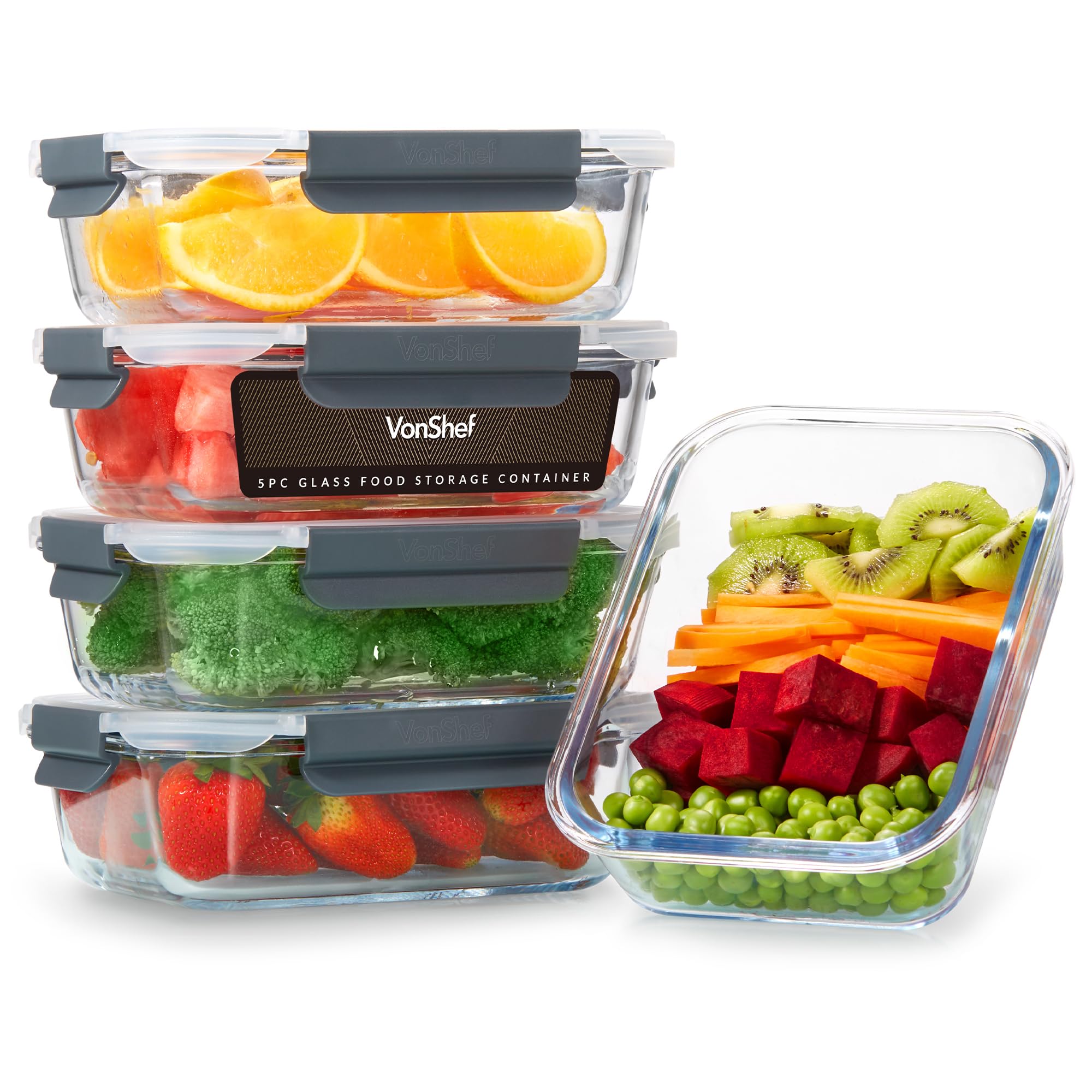 VonShef 5-Piece Glass Meal Prep Containers with Lids - 1L Airtight Food Storage Containers, Oven & Dishwasher Safe, Leakproof for Lunch Boxes & Batch Cooking - Perfect for Meal Prepping, Leftovers & Office Lunches