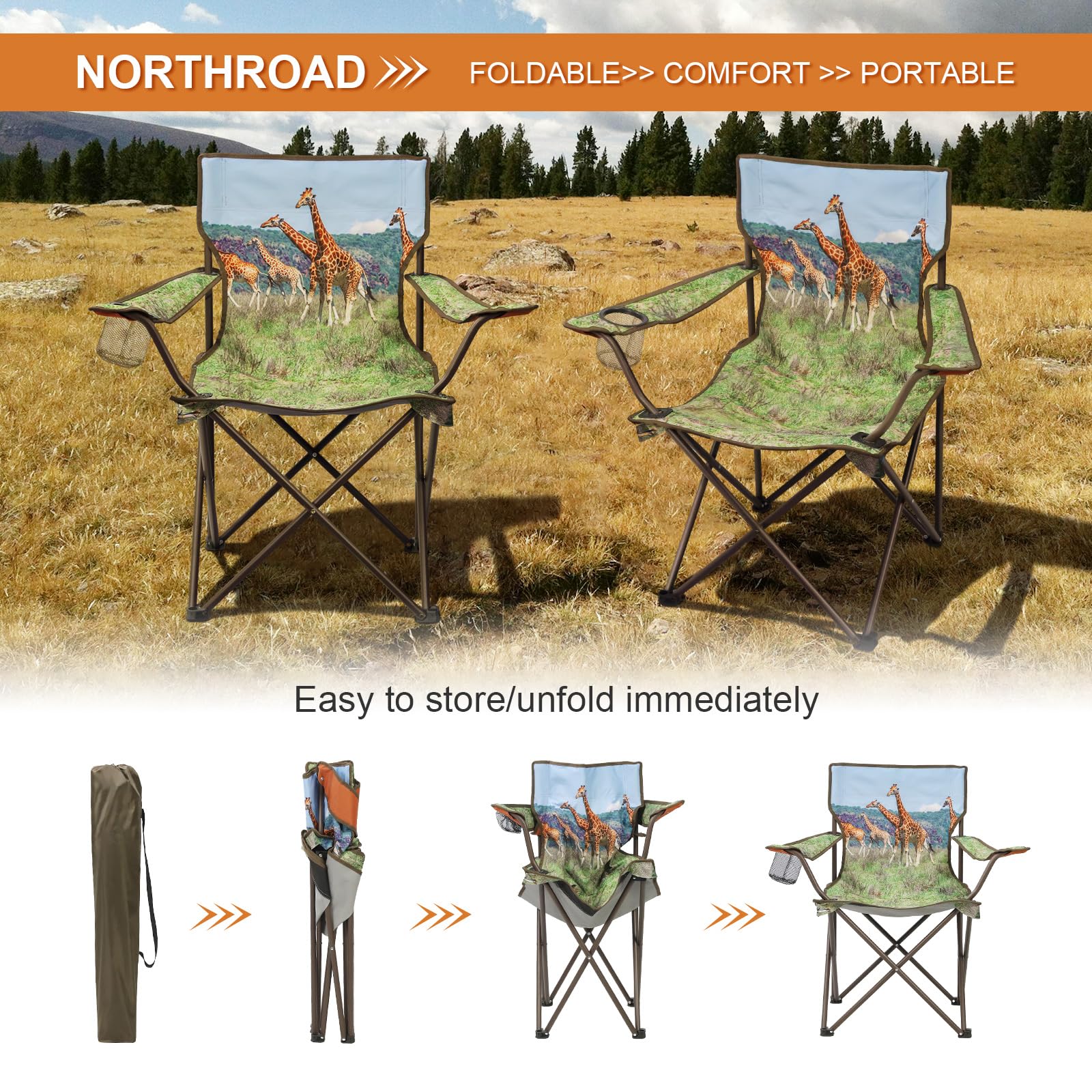 Northroad 2-Pack Portable Folding Camping Chairs - Lightweight Collapsible Hunting Chairs with Animal Print Design for Outdoor, Travel, Beach, Fishing, Picnics, Backyard, and Garden Use - Perfect for Camping Trips, Tailgating, and Outdoor Adventures