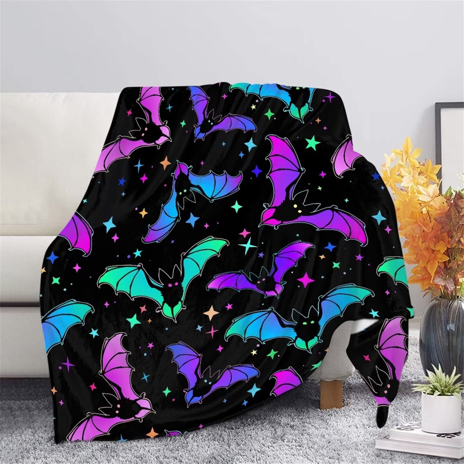 Biyejit Halloween Throw Blanket - Colorful Bats Print Ultra Soft Fleece Blanket for Bed, Couch & Living Room - Cozy Warm Decorative Blanket for Fall Season, Home Decor & Gift