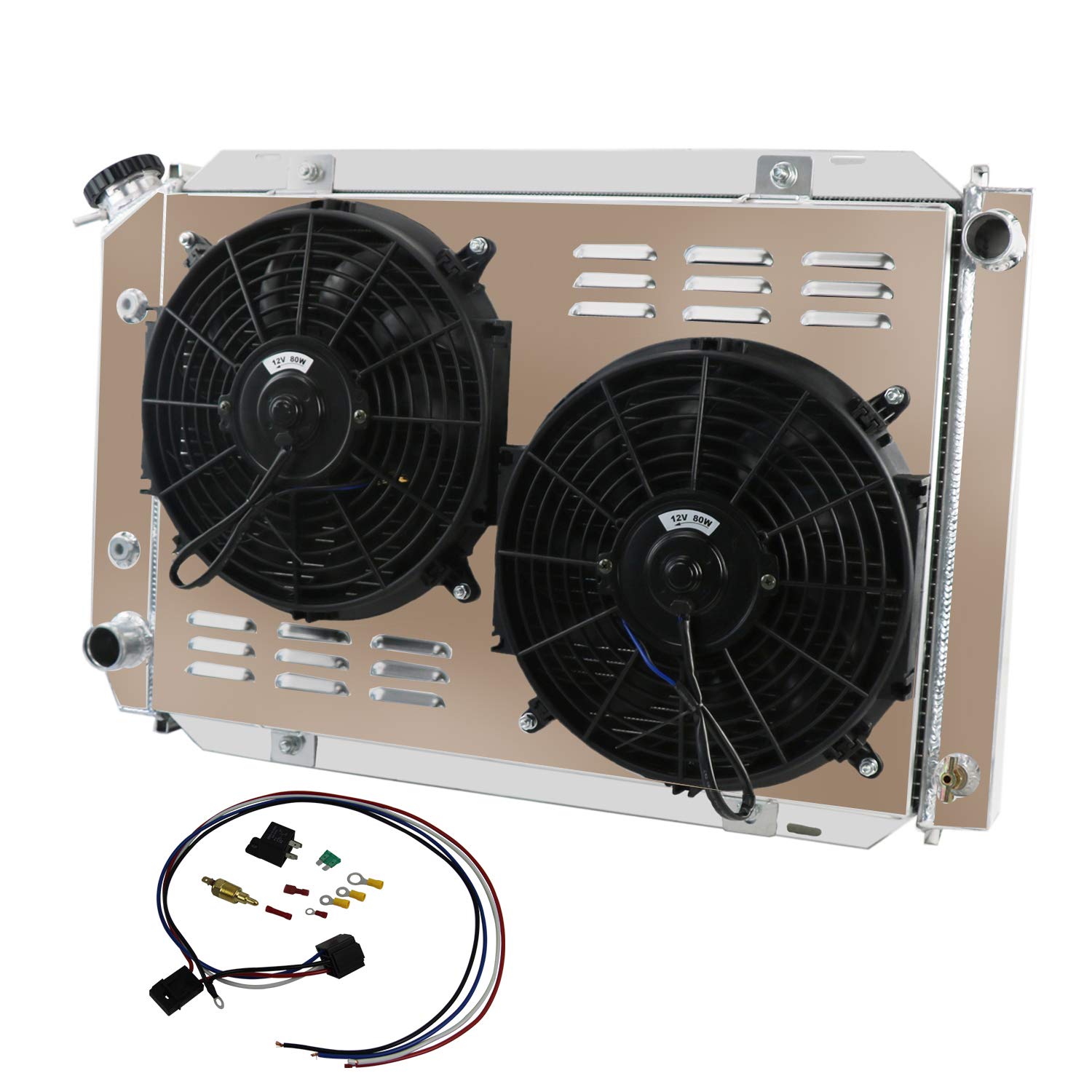 ECMRAD 4 Row Aluminum Radiator Shroud Fan Kit Compatible with 1979-1993 Ford Mustang GT LX 5.0L 2.3L V8 302 AT/MT - High Performance Cooling for Street Racing & Hot Rod Upgrades